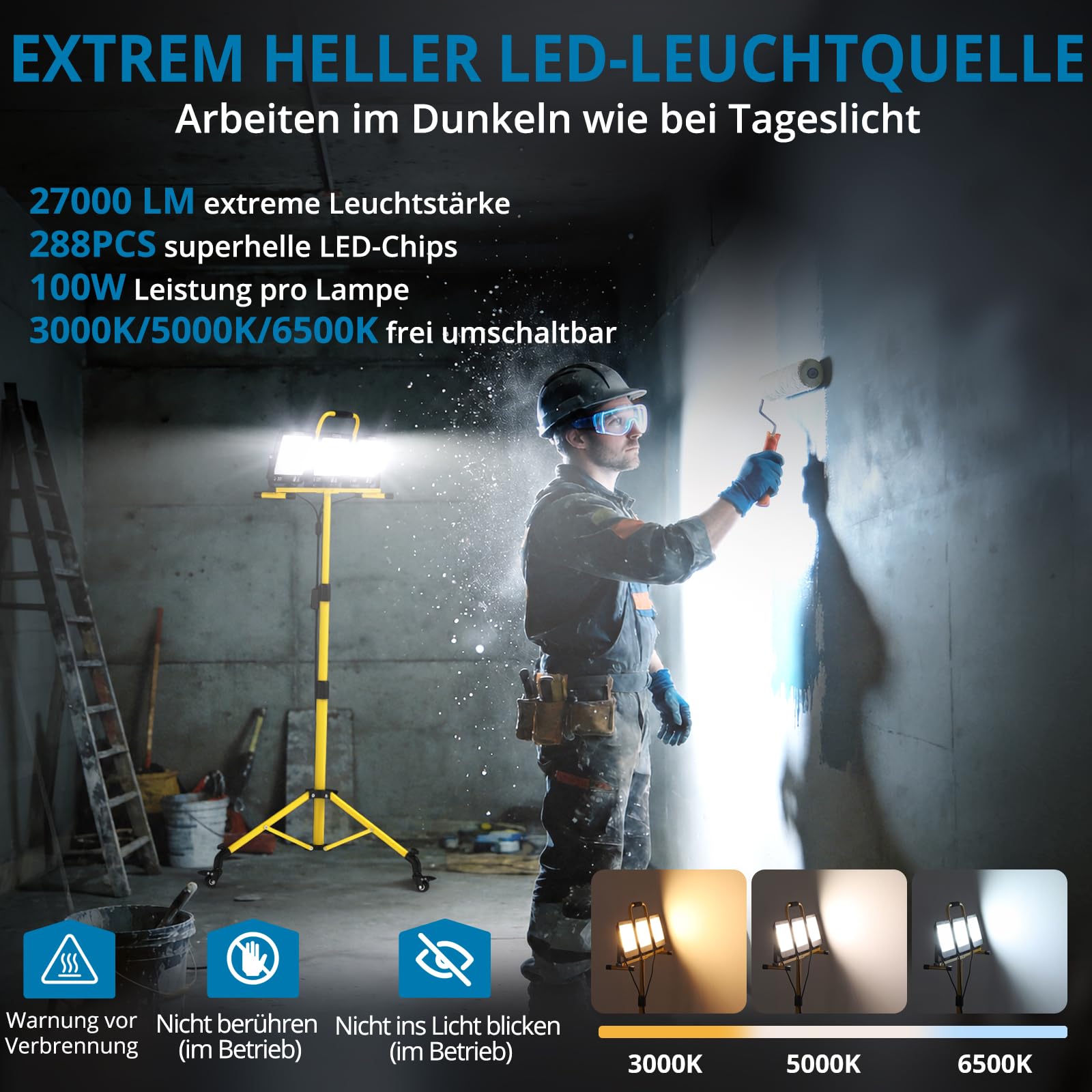 AUTOUTLET Baustrahler LED mit Rollstativ 300W, 3000K/5000K/6500K & 5M Kabel | 27000LM Baulampe mit Feststellbremse, 118-174cm Höhenverstellbar Stativ, IP66 Wasserdicht, Abnehmbar, für Garage Baustelle