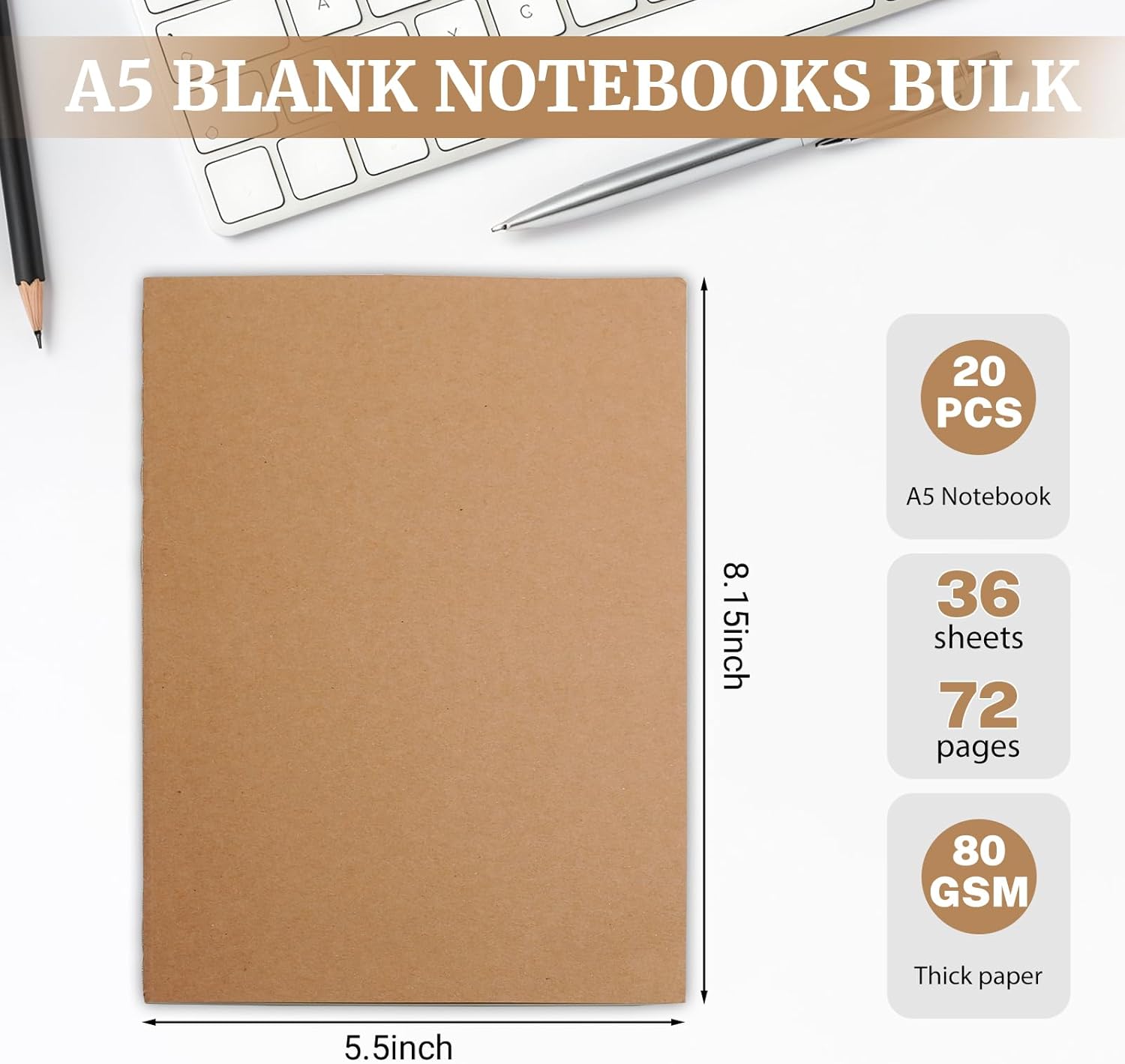 Esclane 20 Pack A5 Kraft Notebooks Bulk 72 Pages, 8.15x5.5 Inches Lined Paper Journaling Notebooks, Notebooks for Work, Composition Notebooks for School, Journal Notebooks for Office - Image 2