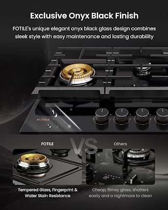 FOTILE GLG36501 36 Black Tempered Glass 5-Burner Gas Cooktop, Tri-Ring 18,000 BTUs Left Burner with Flame Failure Protection Removable Grates and Installation/LP Kit