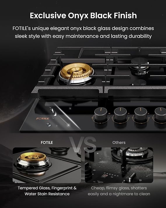 FOTILE GLG36501 36 Black Tempered Glass 5-Burner Gas Cooktop, Tri-Ring 18,000 BTUs Left Burner with Flame Failure Protection Removable Grates and Installation/LP Kit