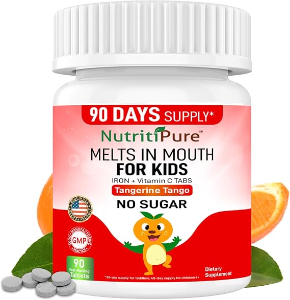 Kids & Toddler Chewable Iron 9mg with Vitamin C, Orange, 90 Ct | Kids 2+, Dissolves in Mouth, Ferronyl Carbonyl Iron 9 mg, Vitamin C 30 mg, Monk Fruit Sweetened, Made in USA