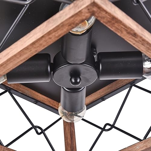 Miniatura 8 de Lámpara rústica de montaje empotrado, 4 luces cuadradas de metal y madera cerca del techo, lámpara de techo retro industrial para cocina, sala de