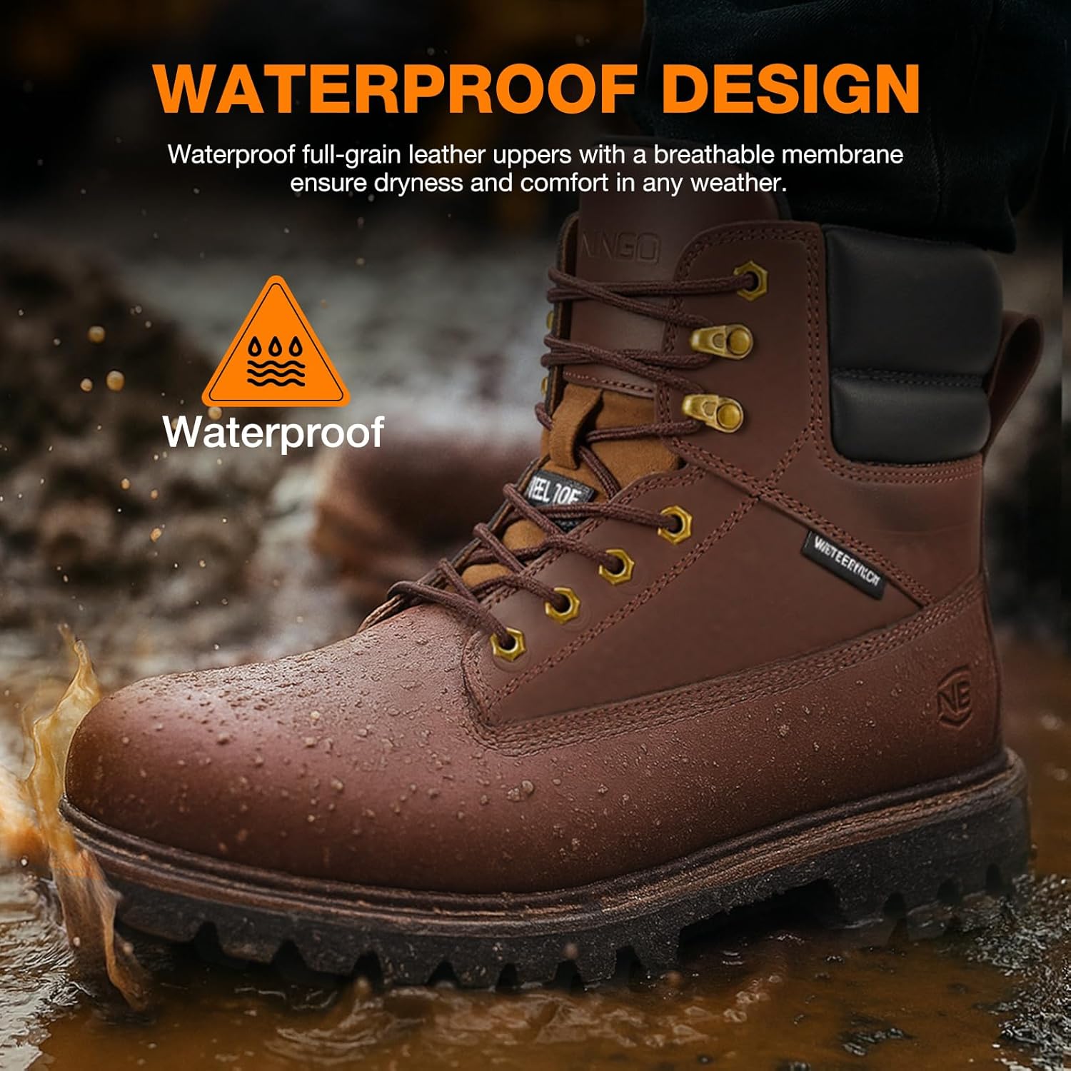 NINGO Waterproof Steel Toe Work Boots for Men, 6" Non Slip Comfortable Leather Workboots, Mens Safety Construction Shoes for Outdoor Industrial - Image 4