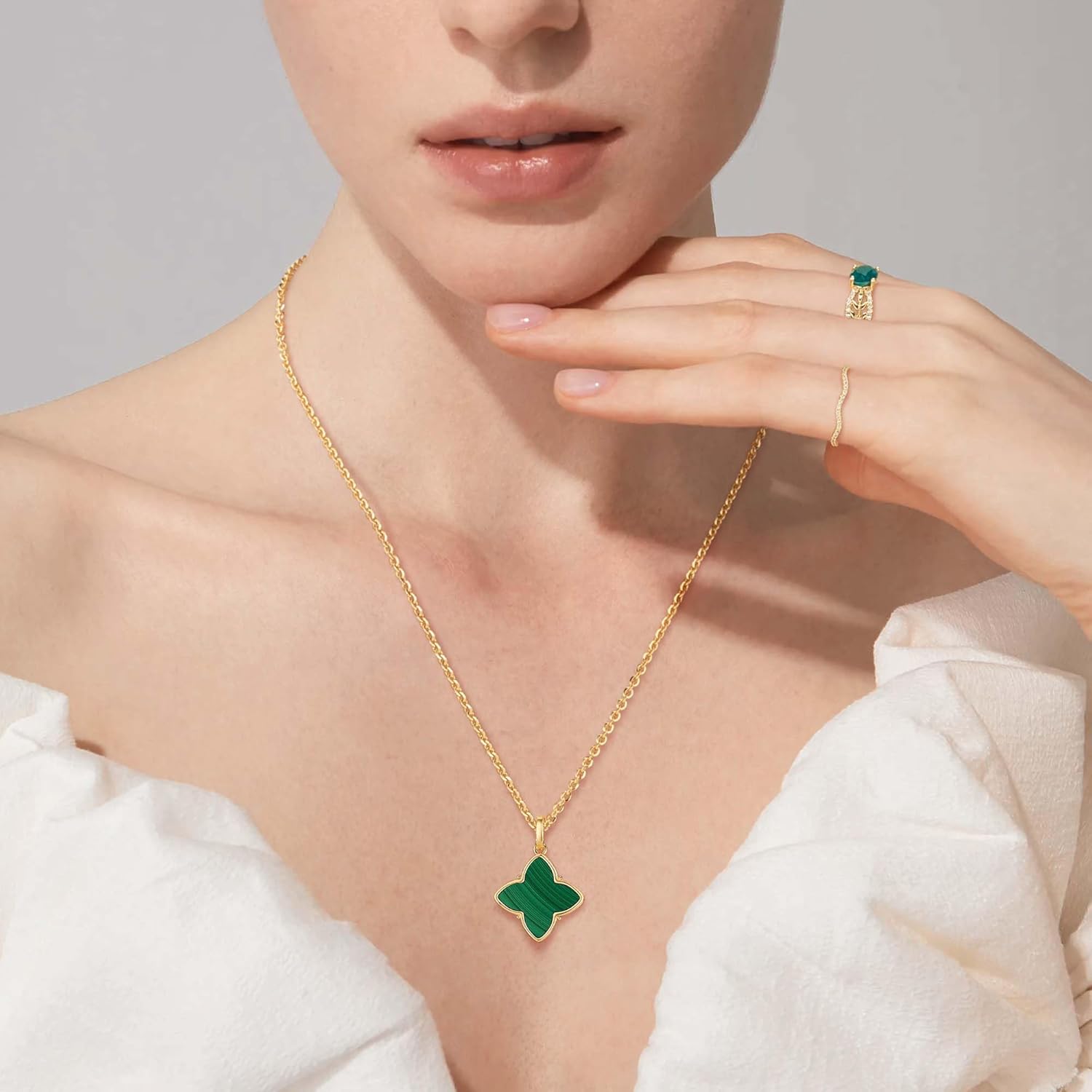 Fettero Necklaces for Women Trendy 14K Gold Plated Charm Necklace Green Malachite Heart Coin Butterfly Cross Clover Pendant Dainty Gold Necklace for Women Jewelry - Image 2