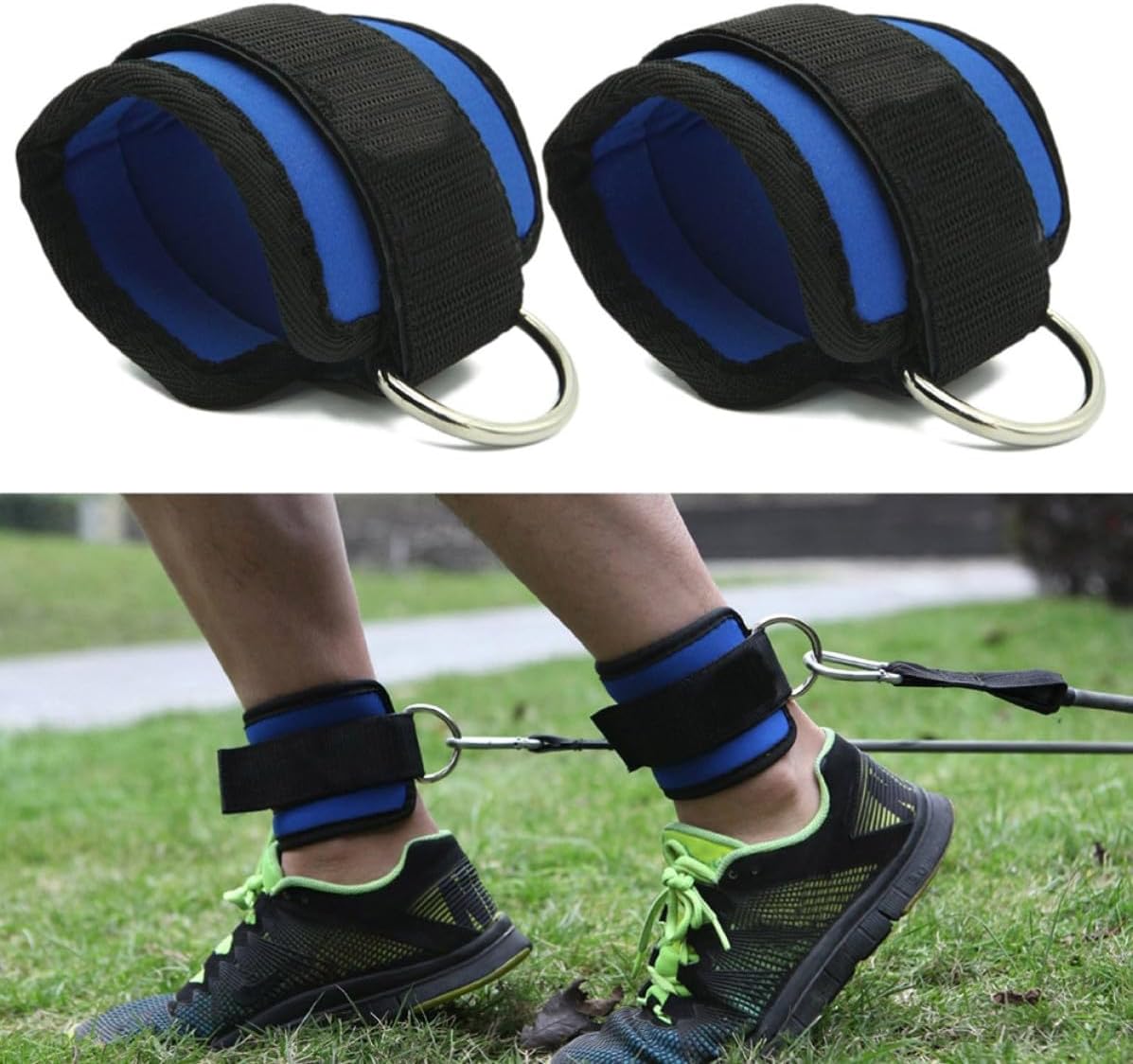 YARNOW 2pcs Adjustable Blue Neoprene Ankle Straps with Buckle and D Ring for Cable Machine Gym Workouts, Enhance Leg and Core Strength with Stable Fit for Dryland Exercise and Water