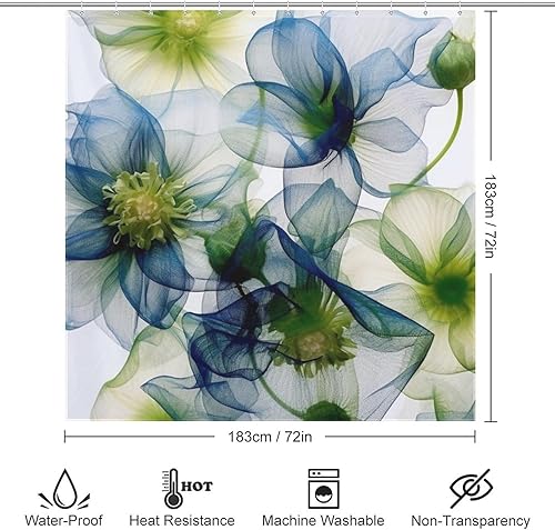 Miniatura 6 de YLATY2774 - Cortina de ducha de flores abstractas para baño, juego de cortina de ducha bohemia floral azul y verde, tela transparente, moderna,