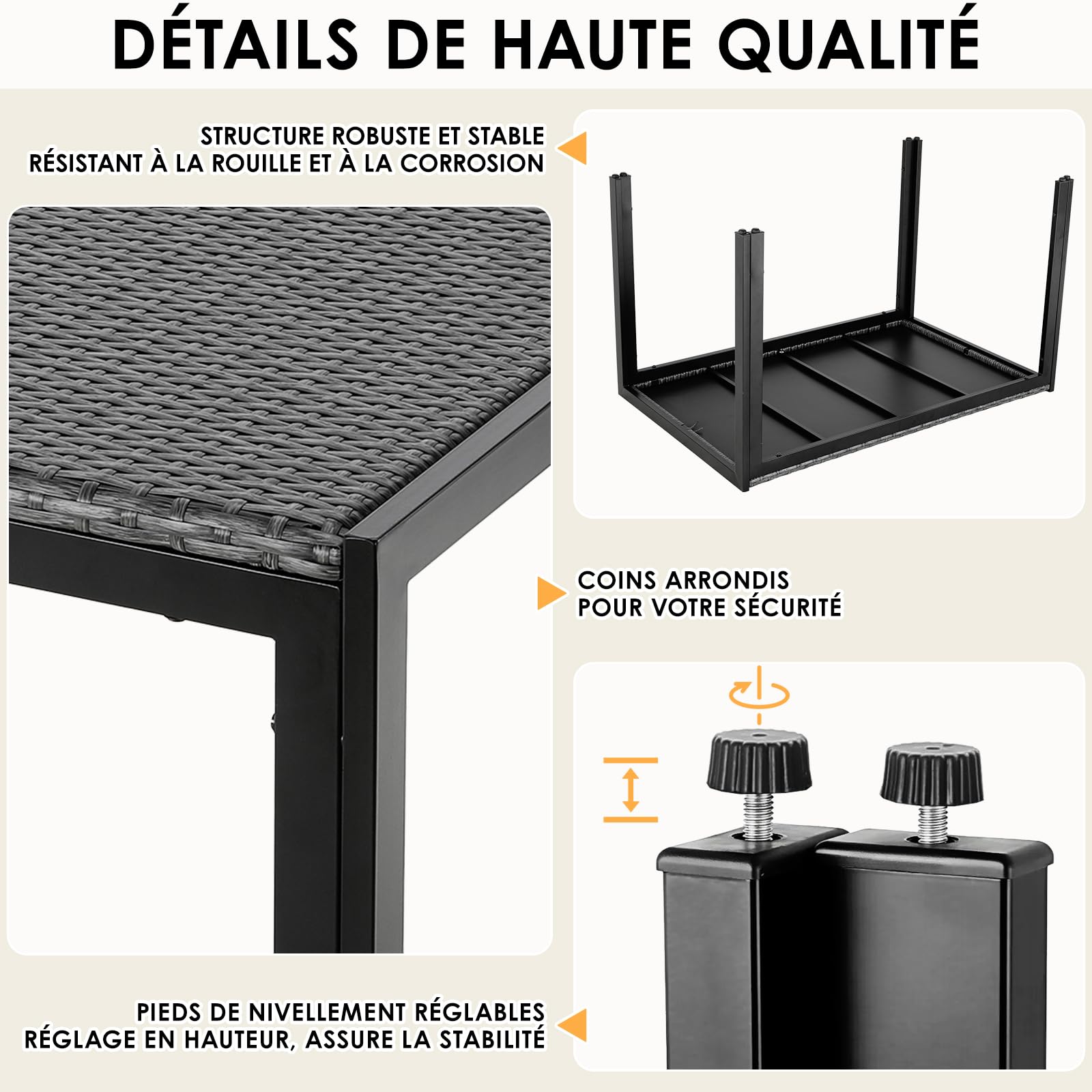 LIFERUN Tavolo da Giardino Rettangolare 4-6 Persone in PE Rattan e Metallo, 119x74 cm, Tavolo da Pranzo Esterno, Resistente alle Intemperie per Terrazza Balcone, Facile da Pulire,Grigio,4 PCS Gambe