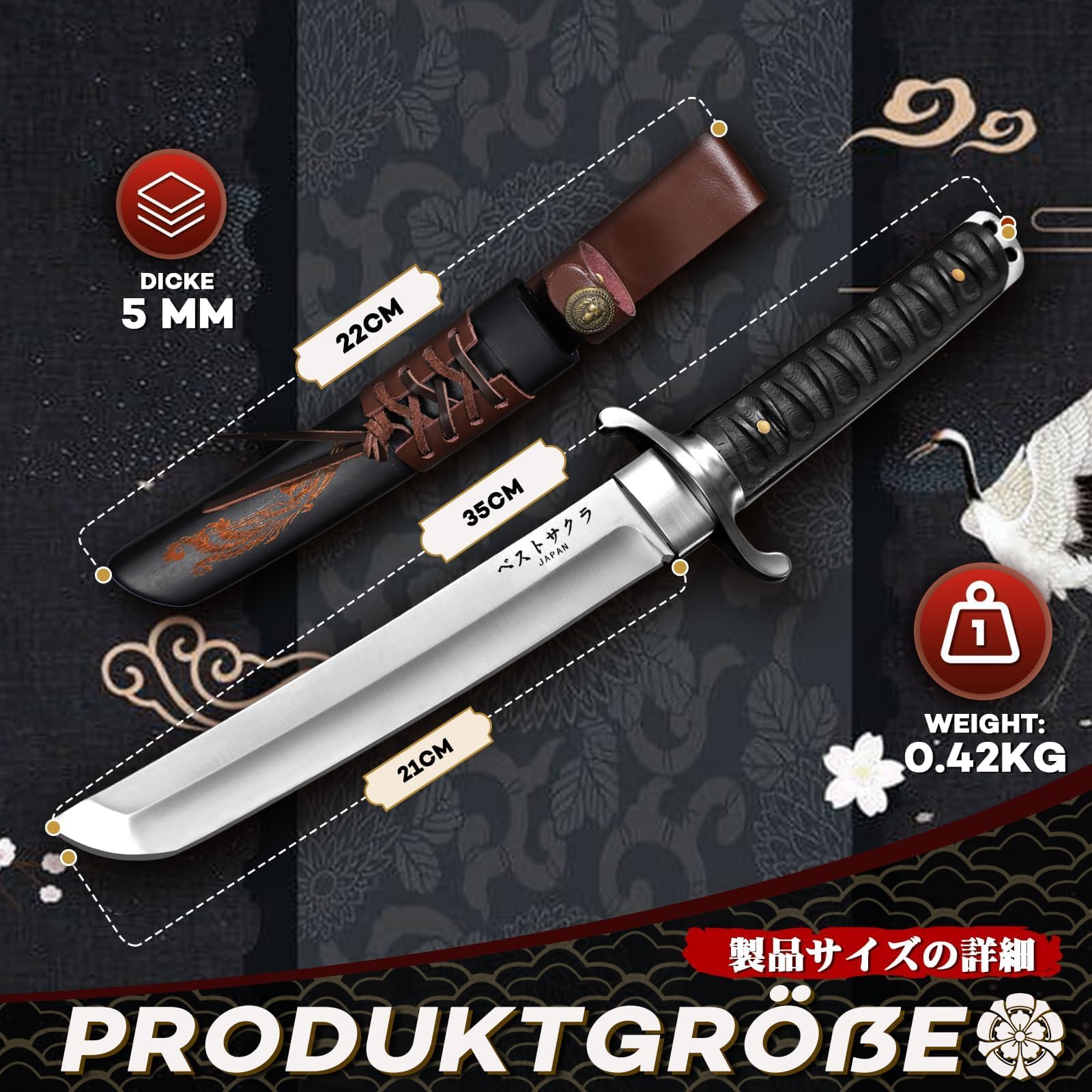 Japaknives Outdoor Messer Survival Tanto Messer Japan D2 Stahl Machete Scharf Echt 5mm Dick Feststehende Klinge mit Phoenix Gravierte Scheide Campingmesser Sammlung Geschenk für Männer