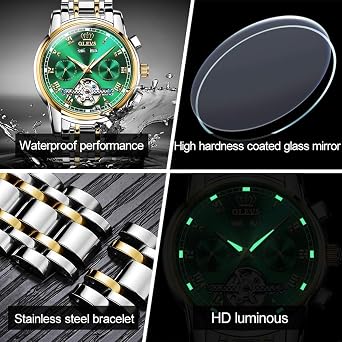 OLEVS Self Winding Watches for Men Automatic Mechanical Dress Tourbillon Stainless Steel Dual Calendar Waterproof Luminous Wrist Watch