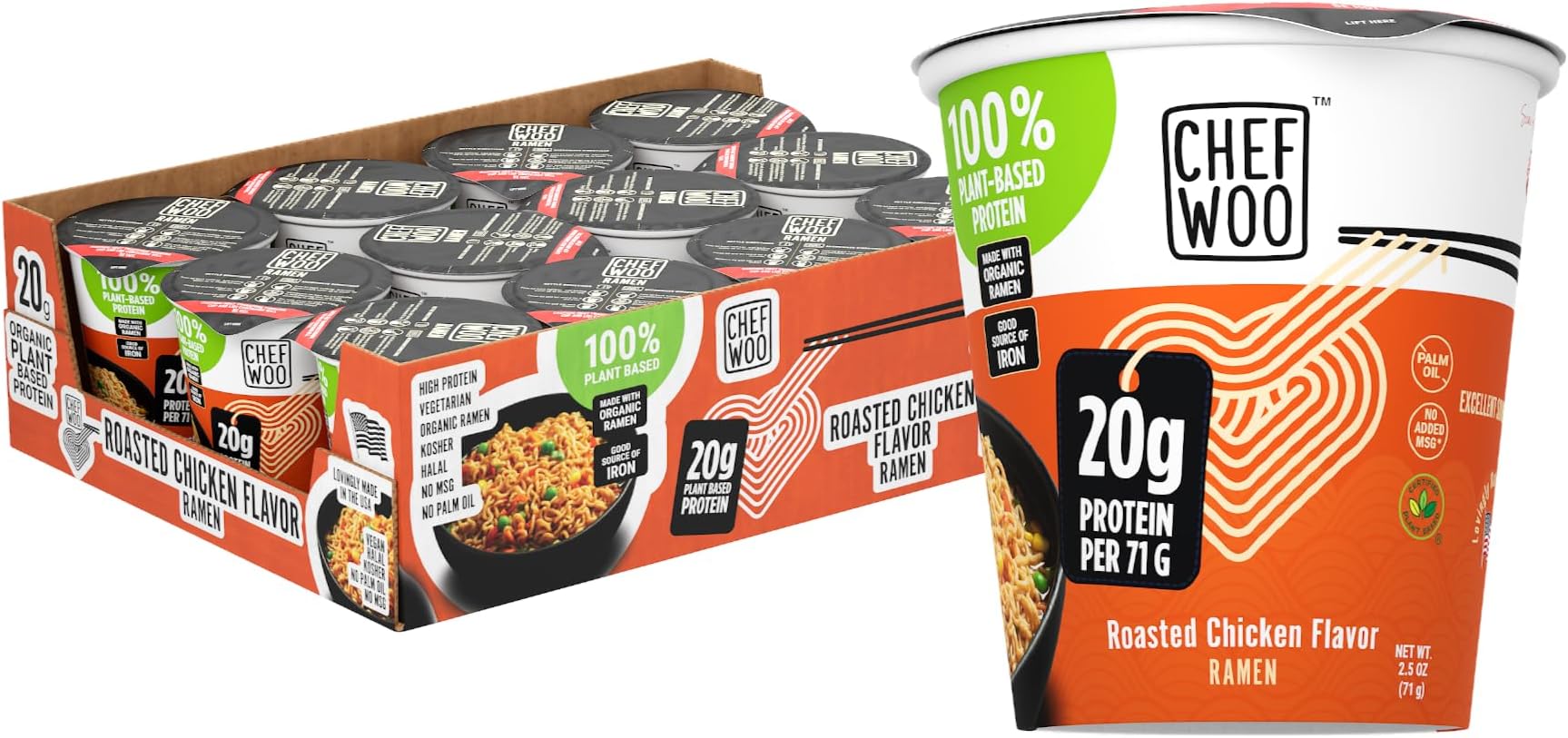 CHEF WOO Roasted Chicken Ramen Cup High Protein Noodles (12 PACK), 20g of Animal-free, Bioavailable Protein | Made in U.S. |