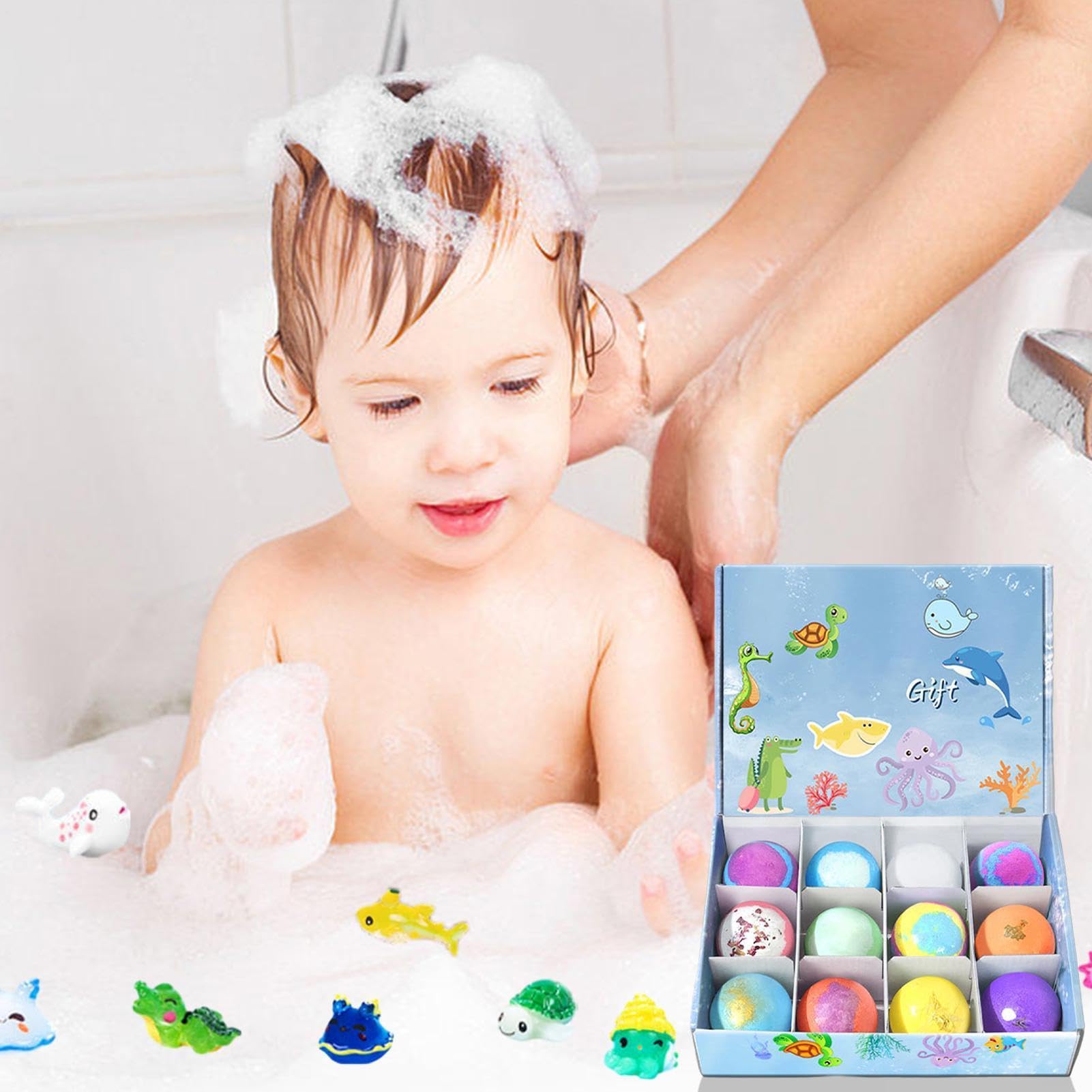 Coffret cadeau bombes bain enfant | 12 Bombes bain enfant | Animaux amusants bains mer avec à l'intérieur | Boules bains moussantes organiques naturelles éducatifs pour hydrater peau
