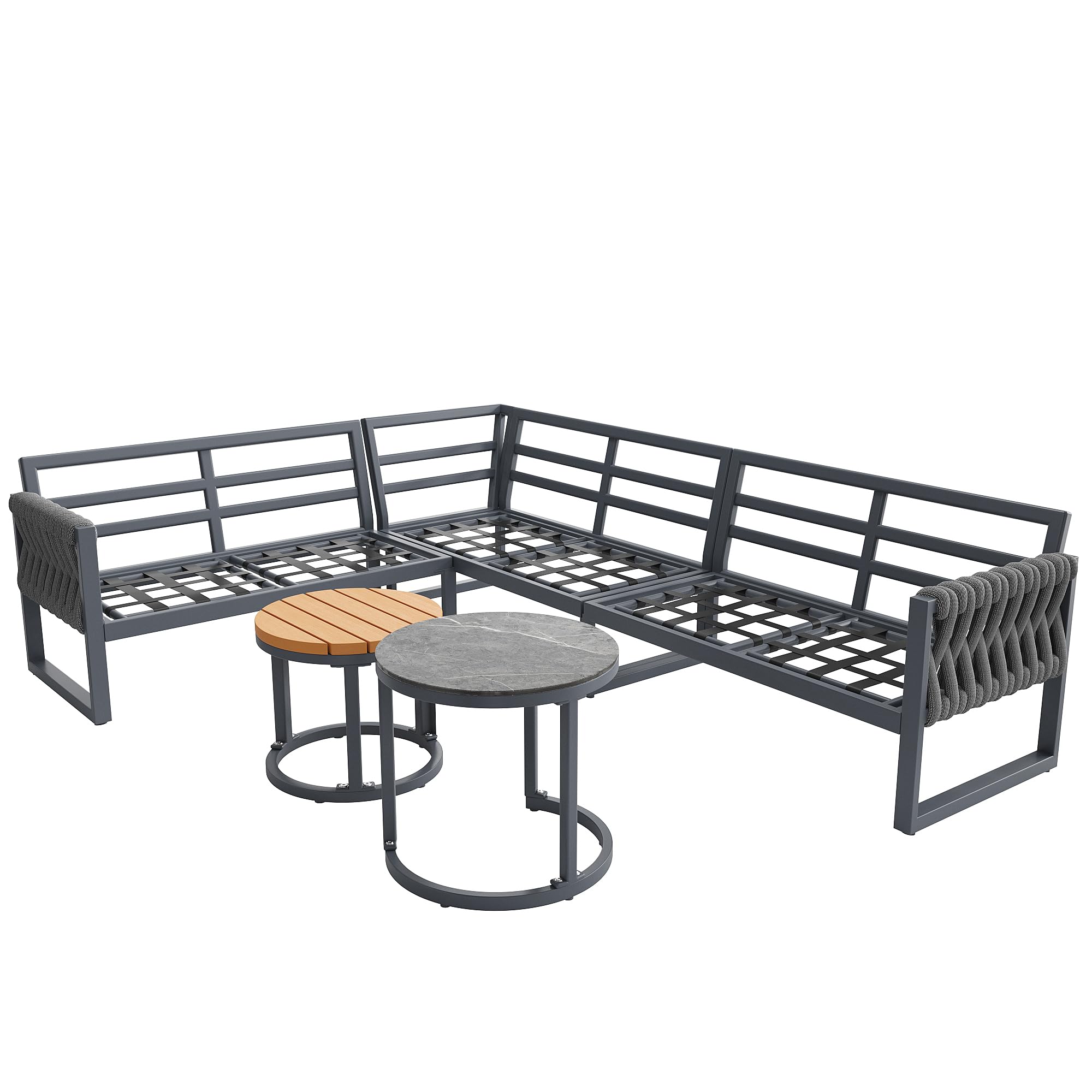 Conjunto Jardin Sofa Terraza Exterior Modular para 5-6 Personas, Muebles Jardin Exterior con Patas Ajustables y Cojín Suave, 2 Mesas y Estructura Metal, Garden Furniture, Gris