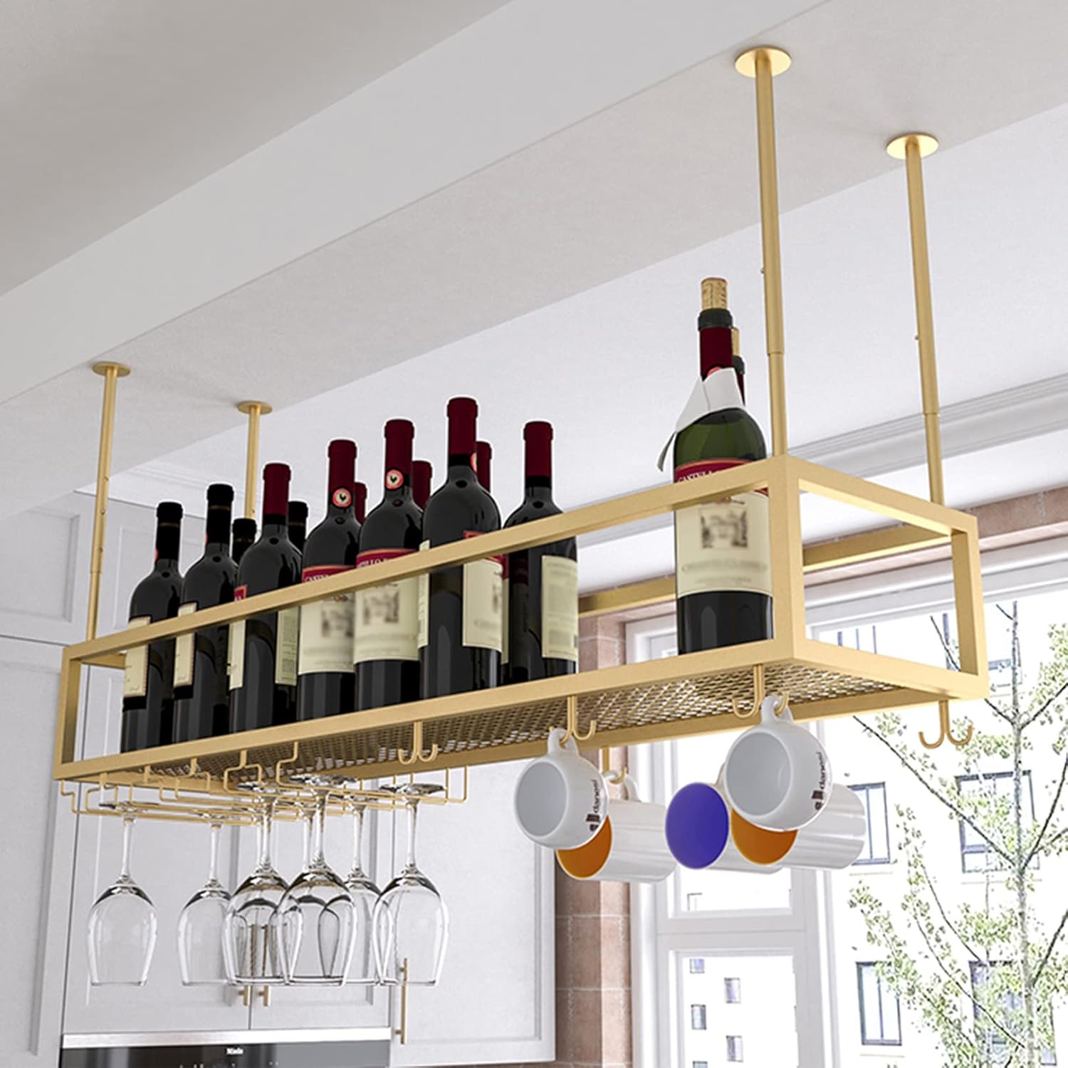 Hanging Wine Rack, Metal Ceiling Bottle Rack, Vintage Display Wine Storage Holder with Stemware Glass Shelf for Under Cabinet, Kitchen, Bar, Adjustable Height,Black,100x25cm Chaser