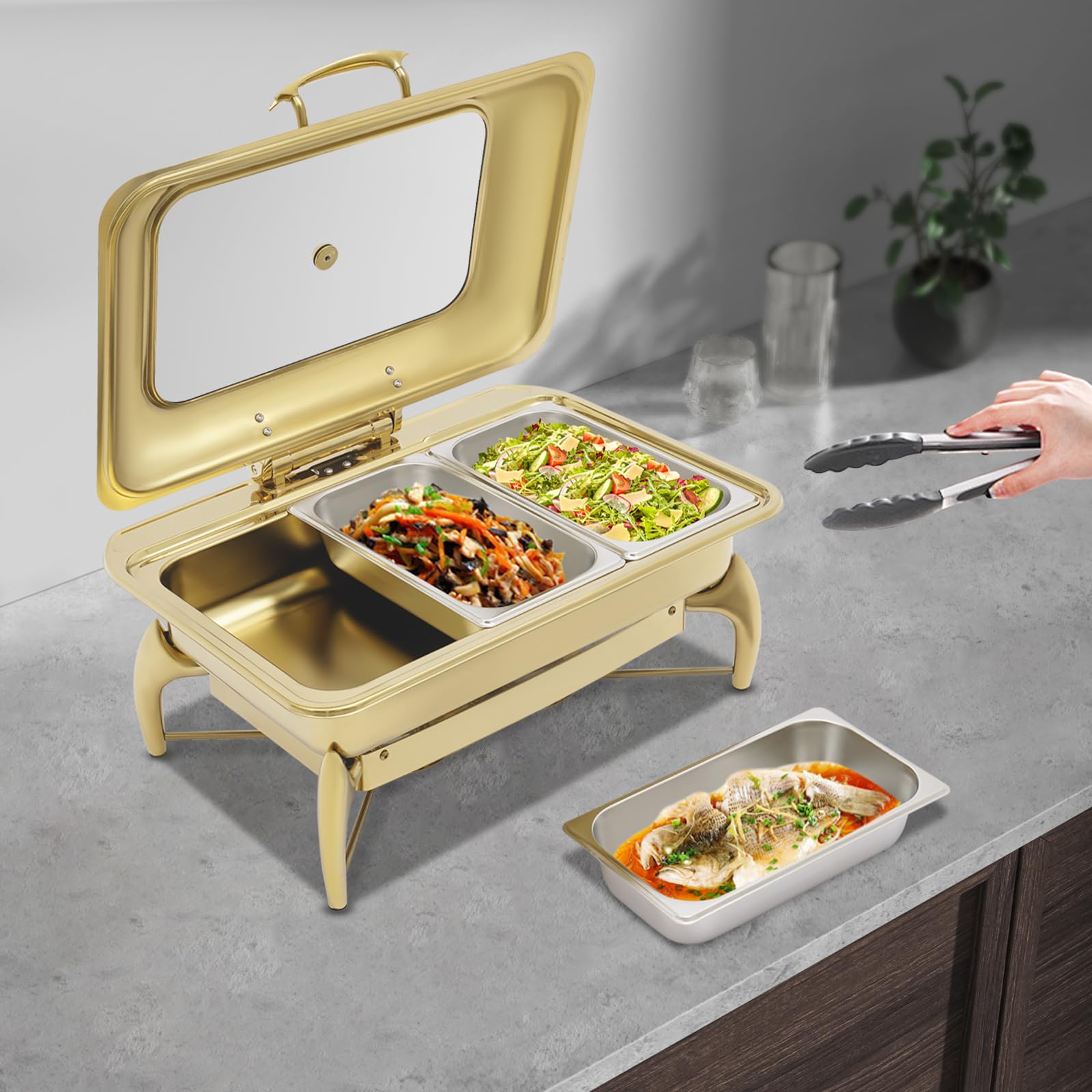 Plats en acier inoxydable à friction dorée for buffet Cuisinière de buffet