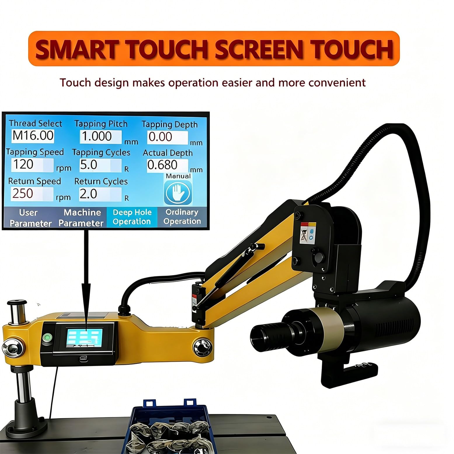Maschiatrice elettrica multidirezionale a 360°, Braccio maschiatore Elettrico per filettature da M3 a M16, Potenza 600W, 8 pinze Incluse, Schermo tattile.