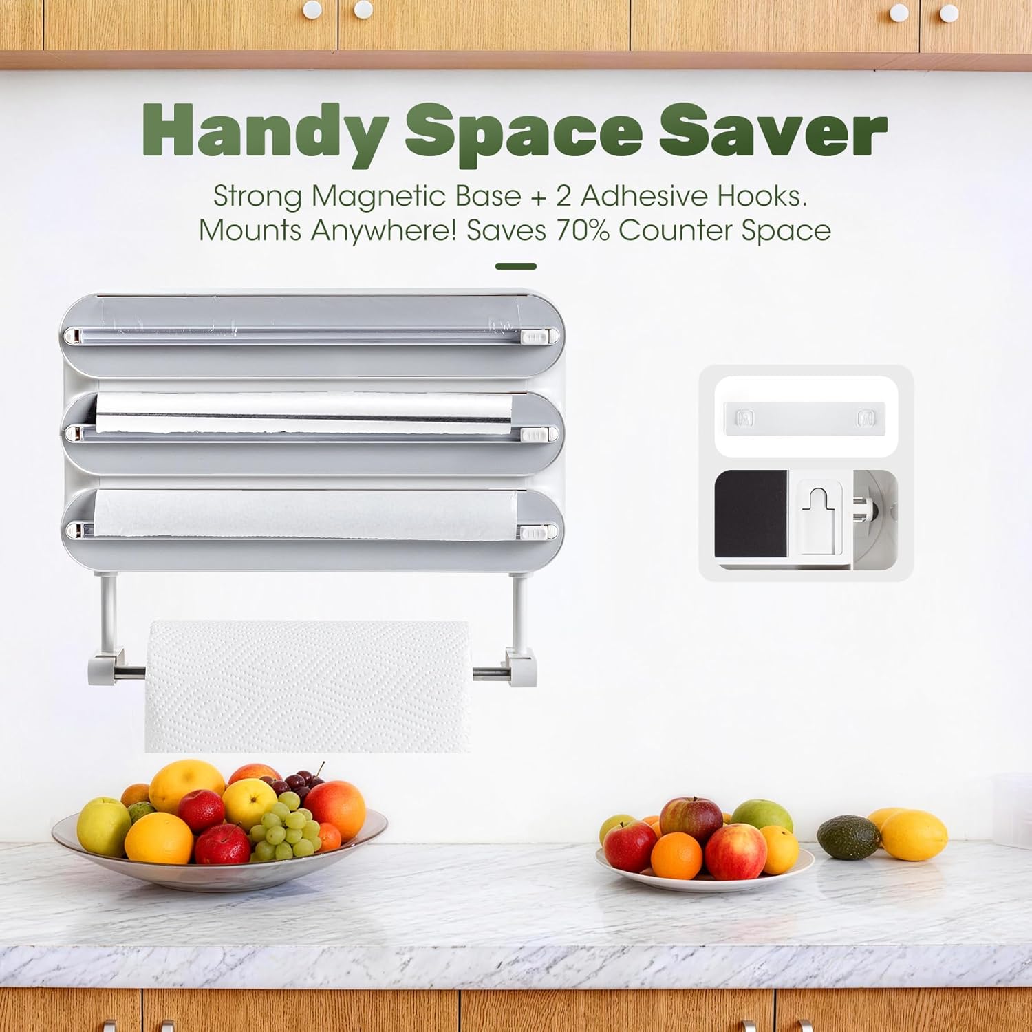 Wall Roll Holder Kitchen 4-in-1 Foil Cutter - Improves Cling Film Dispenser with Cutter - Magnetic Film Dispenser with Kitchen Roll Holder - Includes 50 m Cling Film, White