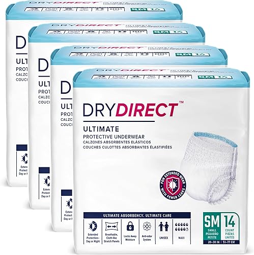 Dry Direct Ultimate Protective Underwear, Soft Cloth-Like Adult Diapers, Max Absorbency Disposable Incontinence Protection - Small (Case of 56)