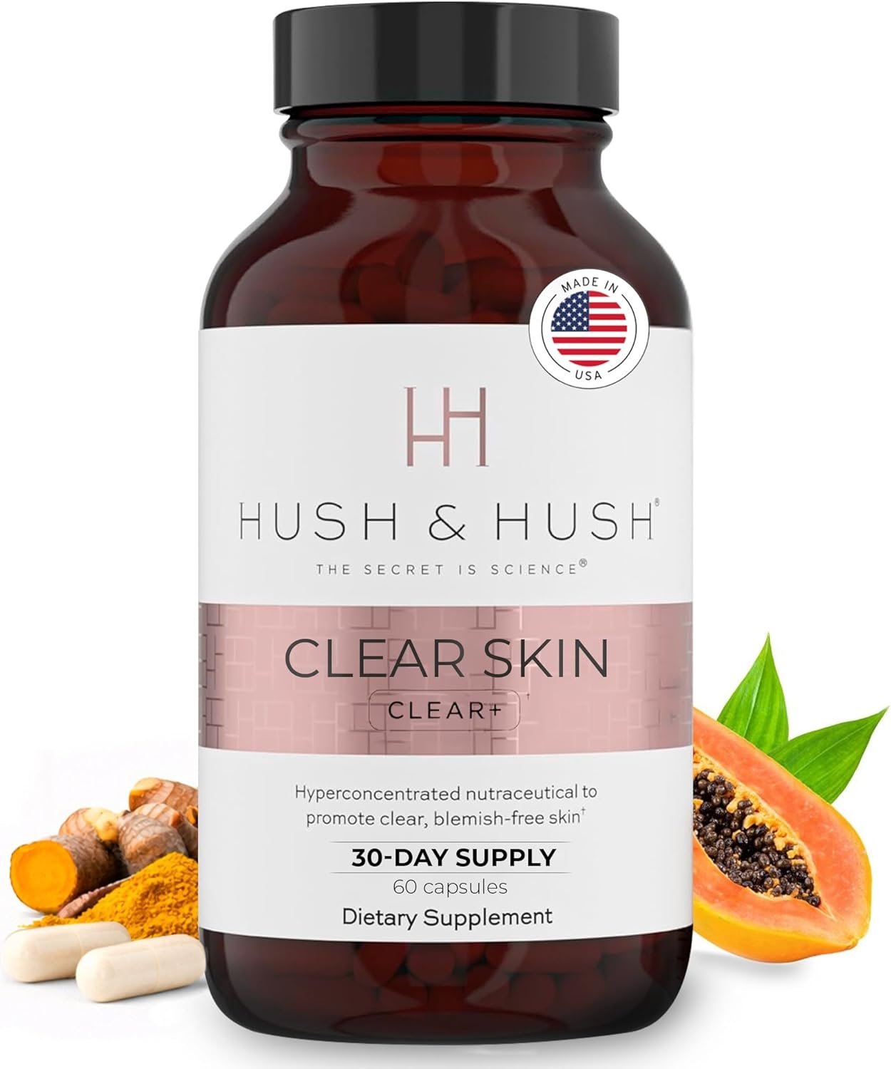 Hush & Hush Acne Supplements for Clear Skin – Clinically Proven Formula to Reduce Breakouts & Blemishes – Supports Hormonal Balance with Vitamin A, Zinc & Antioxidants – Vegan, Non-GMO – 60 Capsules