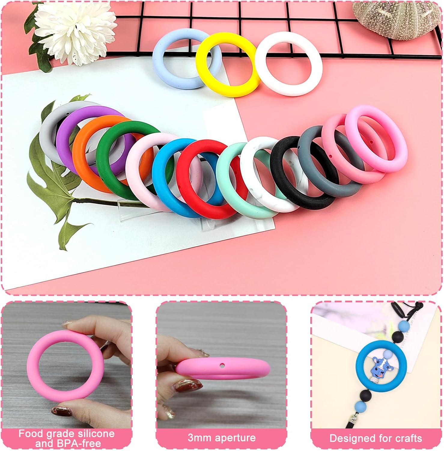 AIHSUMC 16 Pcs Silicone Beadable O Ring 65mm Round Silicone Loop with 2 Hole, 16 Colors Beadable Focal Frame Silicone Pendants Silicone Beads DIY Handicrafts Keychains Necklaces Hanging Ornament - Image 3