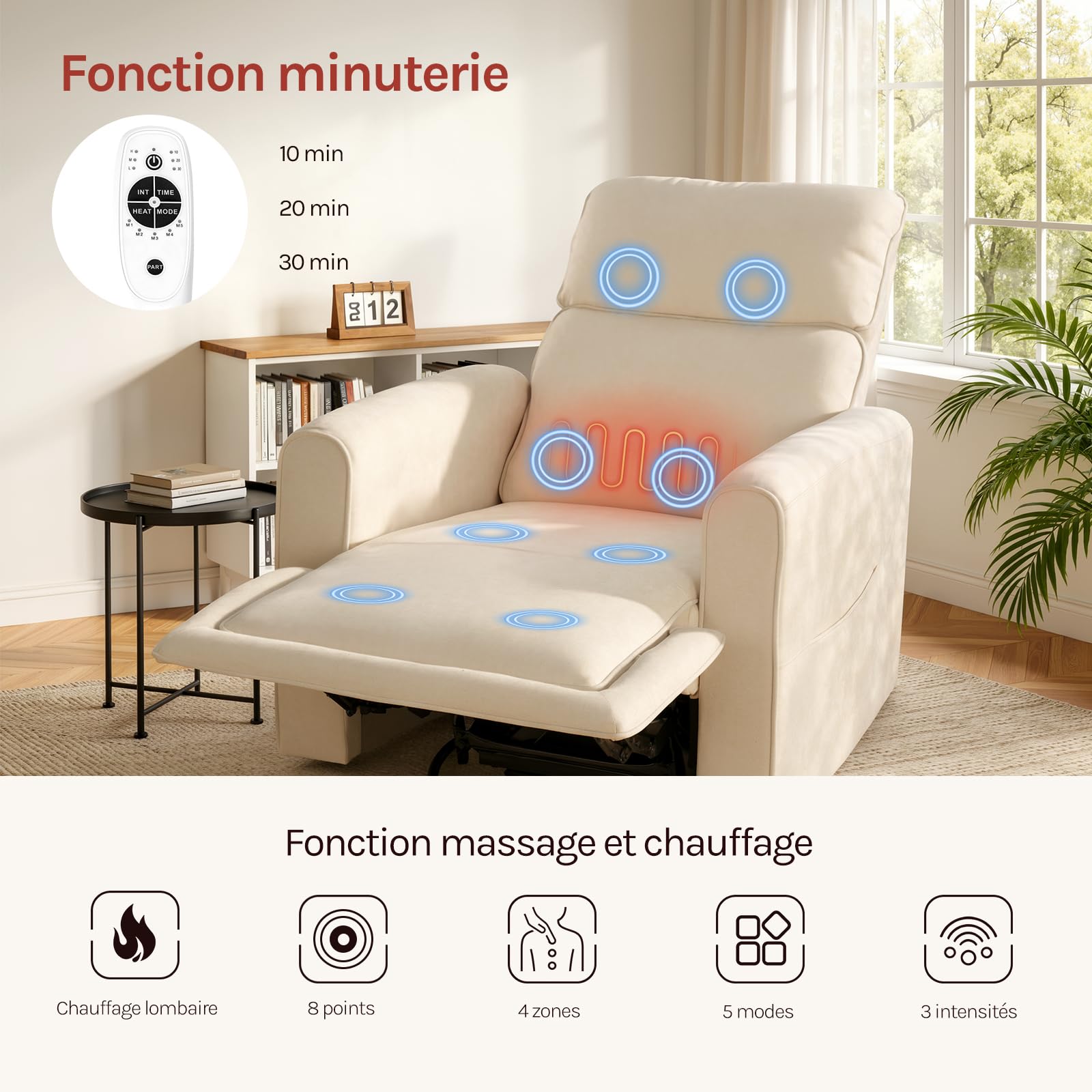 WOLTU Fauteuil de Massage Électrique, Fauteuil TV Relax de Chauffage Inclinable, Pivotant, Berçant, avec Repose-pied, Poches Latérales et Port USB pour Salon, Chambre, Charge 150kg, en Chenille, Beige