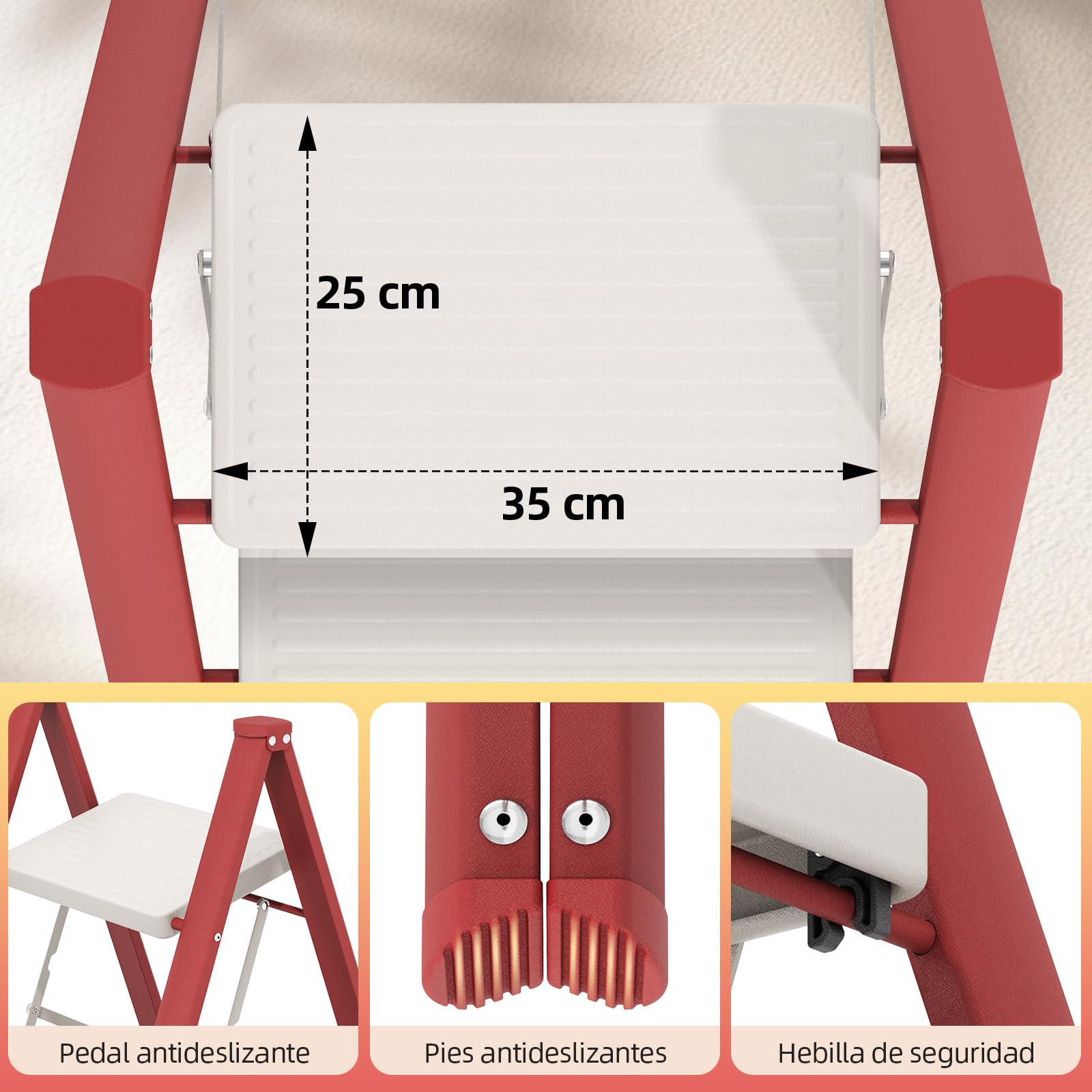 KINGRACK Escalera Plegable 3 peldaños sin barandilla, 150KG Rojo