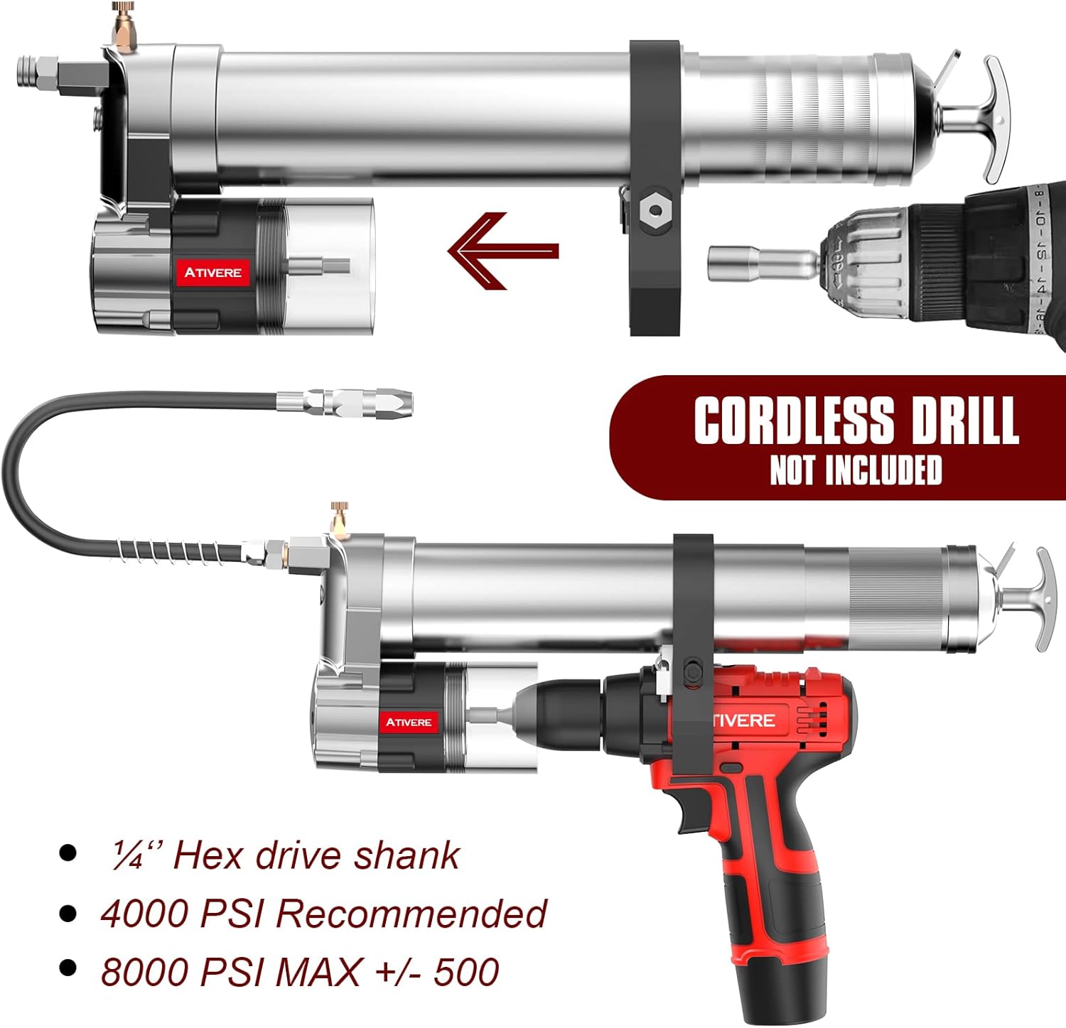 ATIVERE Electric Grease Gun Drill Adapter with 14 OZ Load, Locking