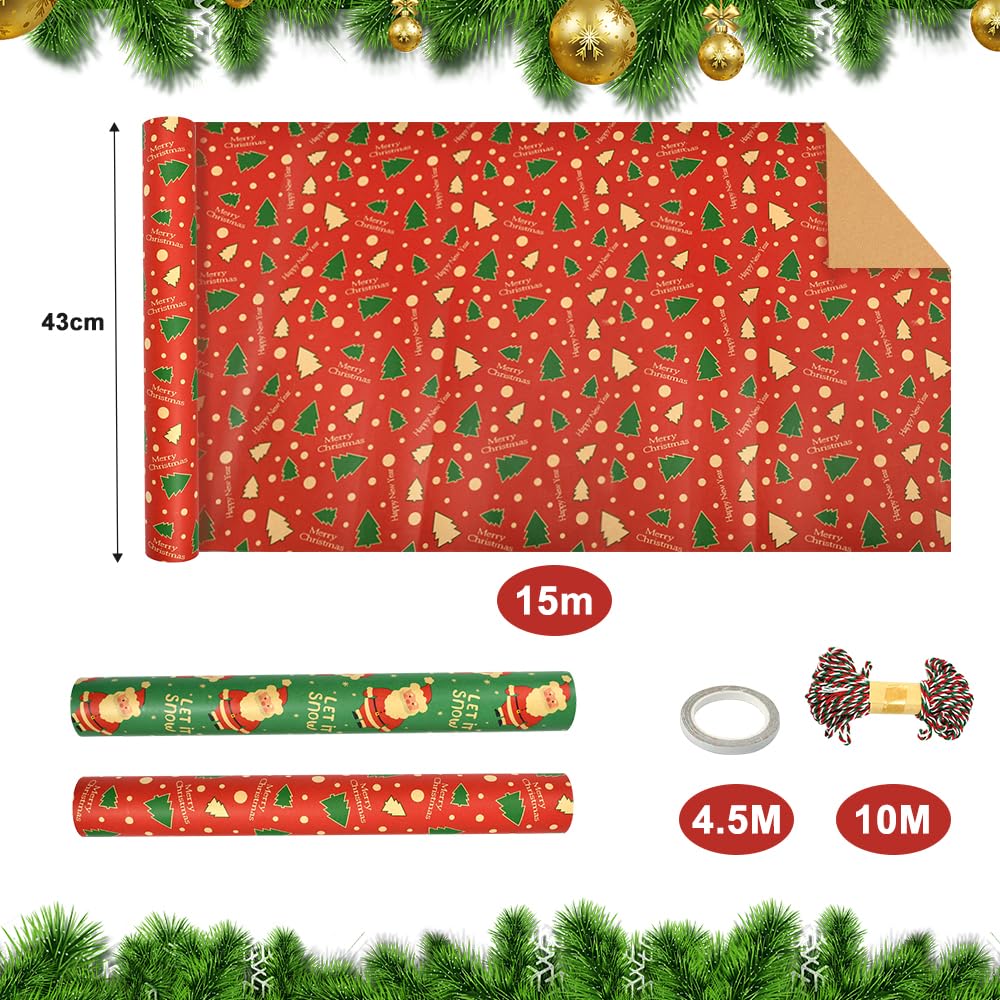 4 Rotoli Carta Da Regalo Natalizia Kraft, 43cm x 3m Rotolo Carta Regalo