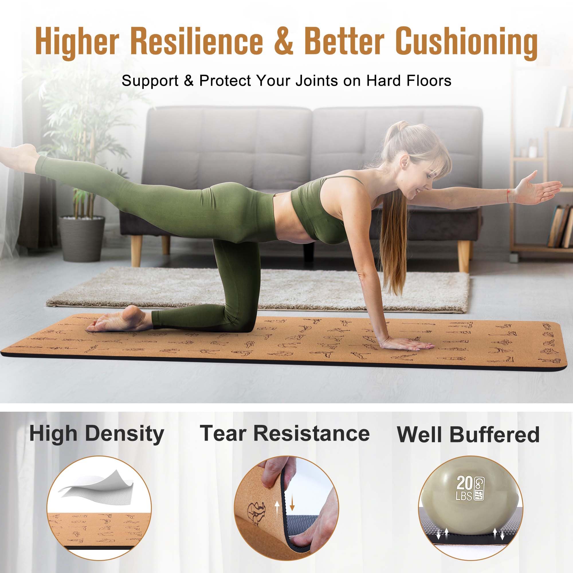 Tapete de yoga de corcho de alta calidad de 1/4 y 2/5 pulgadas de grosor, 72 x 26 pulgadas, corcho grueso y TPE, antideslizante, para mujeres y hombres, a prueba de sudor, ecológico, ideal para yoga
