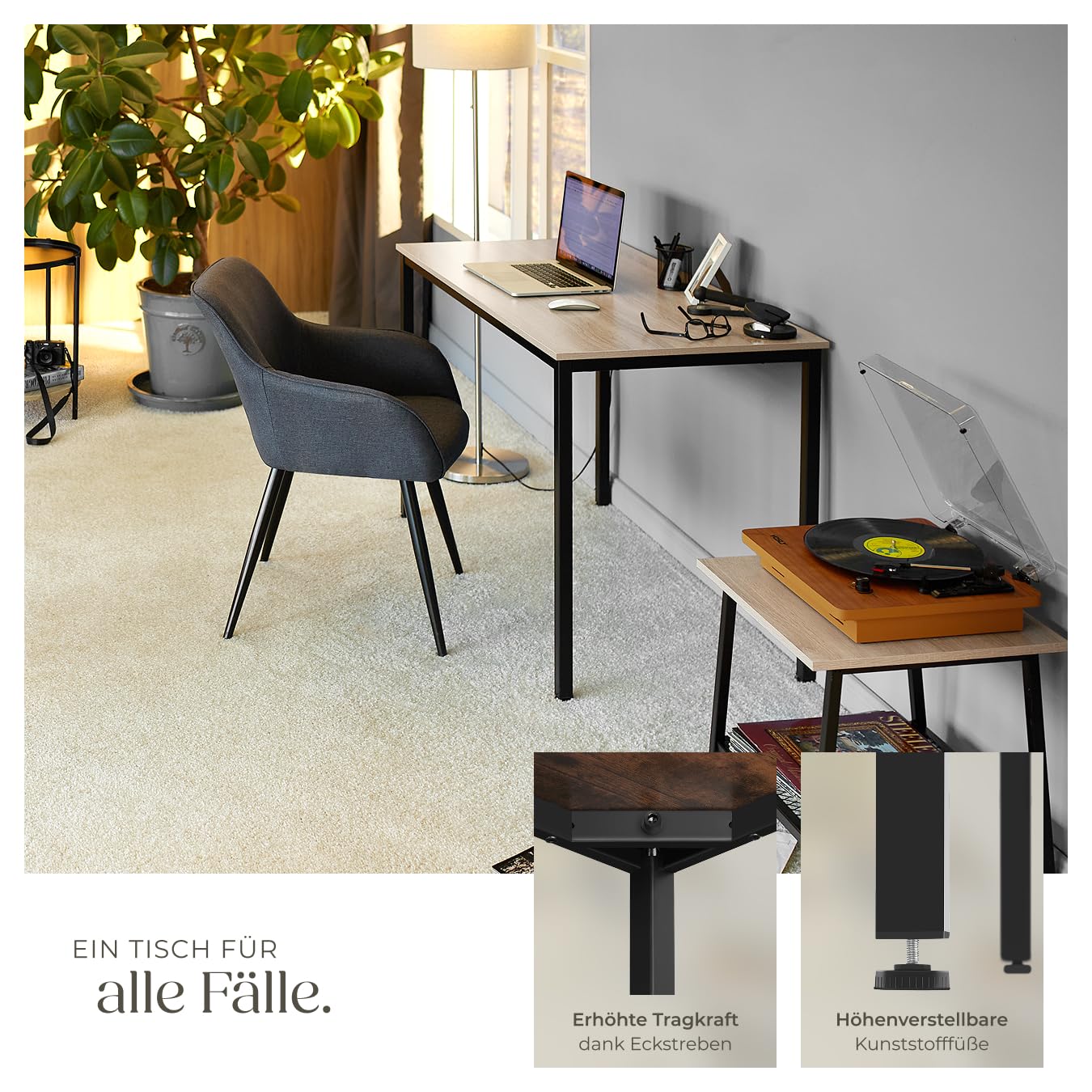 tectake® Industrial Schreibtisch, Tisch 120 x 60 x 75,5cm, Esstisch, Bürotisch, Computertisch, PC Tisch, Wohnzimmertisch, Gaming Desk, Möbel für Arbeitszimmer - Industrial Holz Hell, Eiche Sonoma