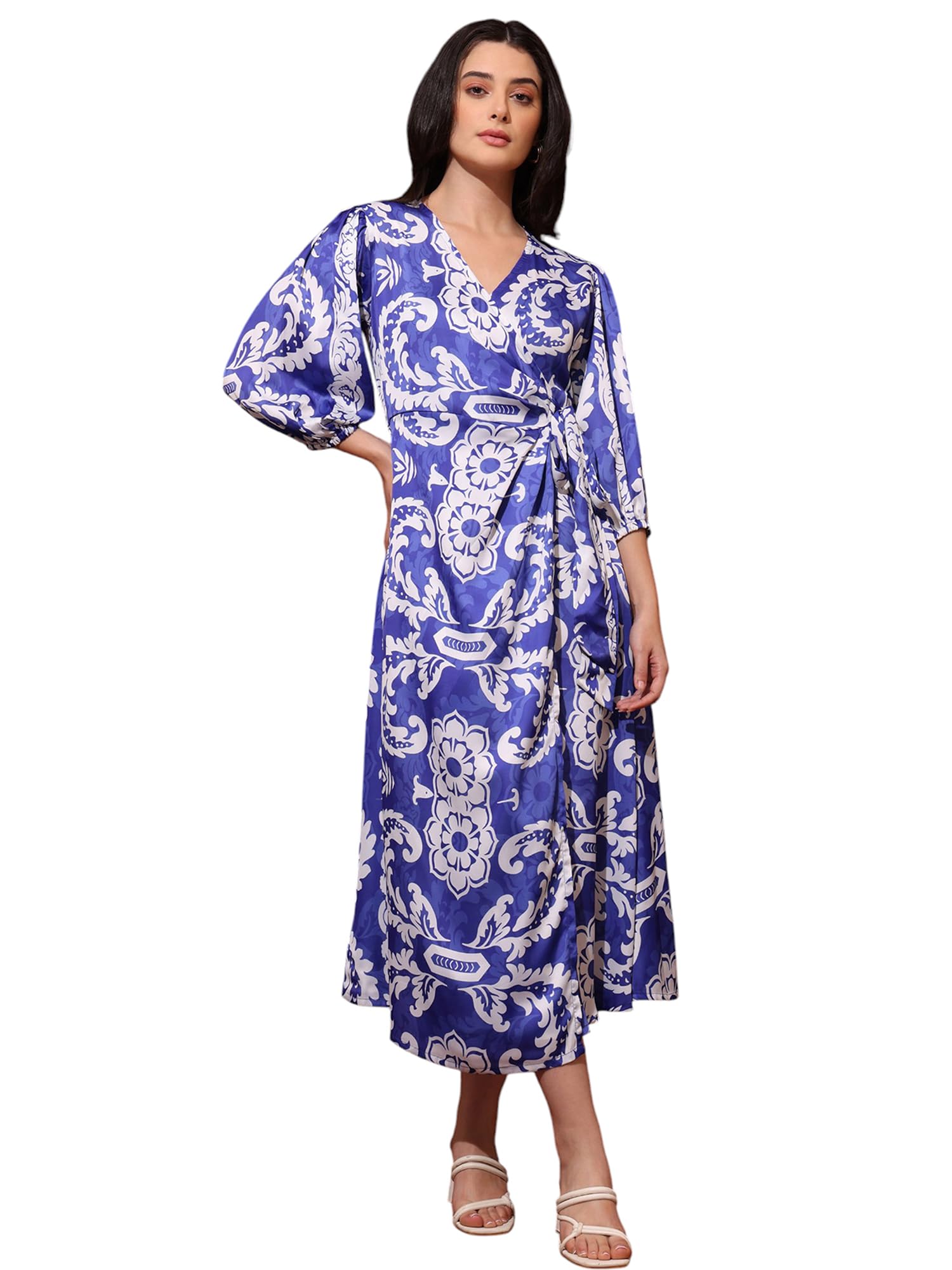 Purvaja Womens Satin Blue Dress (Floe-061-Blue_Large)