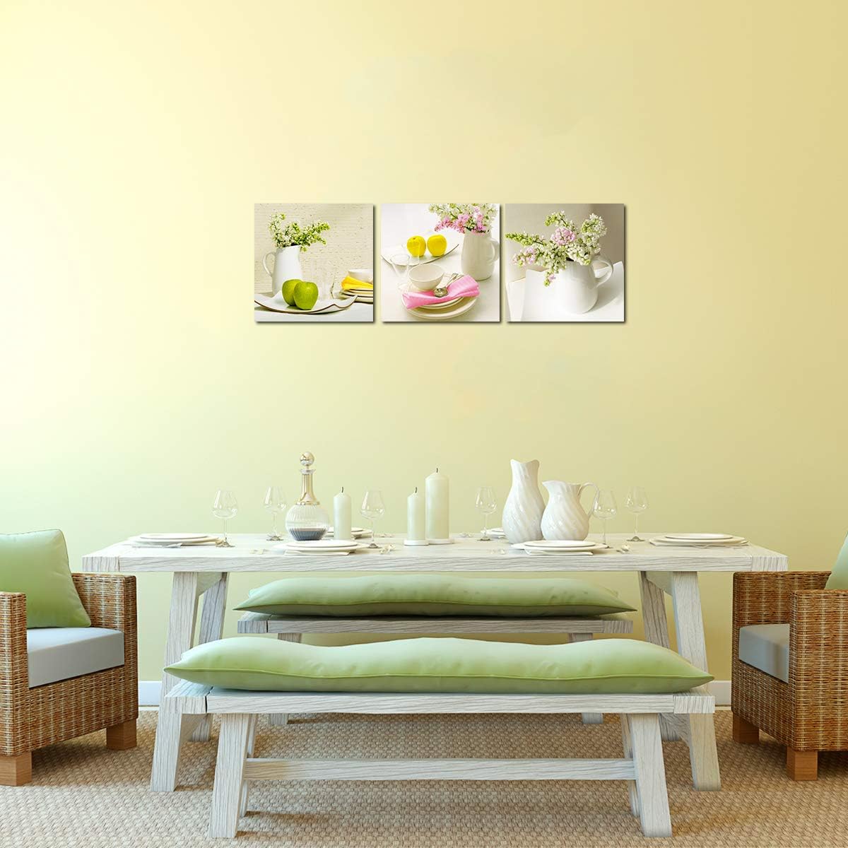 Kitchen Decor Canvas Wall Art - Modern Paintings for Dining Room Food Flowers Bouquet Tableware Restaurant Poster Home Decorations 3 Panel Picture Framed Giclee Print Ready to Hang Still Life Artwork Kflower-a-f 12X12 inch x 3pcs Framed