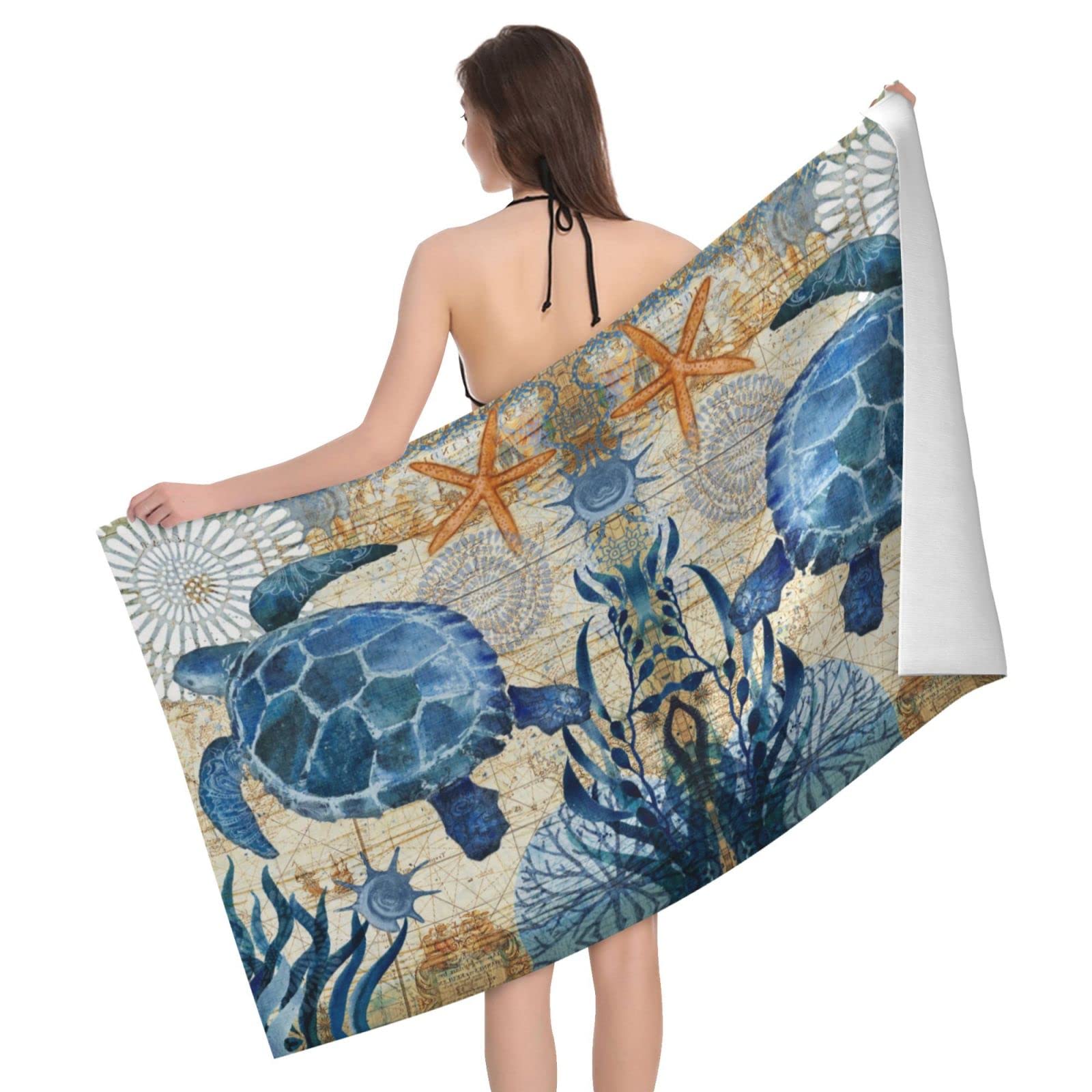Lawenp Sea Turtle and Starfish Bath Towel Beach Towel Popular Durable Stylishffy Touch Highly Absorbent Quick Dry Polyester 32" X 52" Also As A Gift
