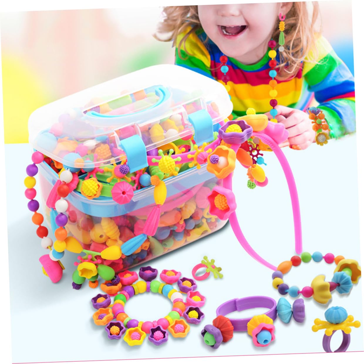 ifundom Kit per Creazione di Braccialetti Fai da Te per Ragazzo Ragazza in Plastica Lavabile Perline di Diverse Forme e Dimensioni, Scatola Regalo Portatile per Attività Creative