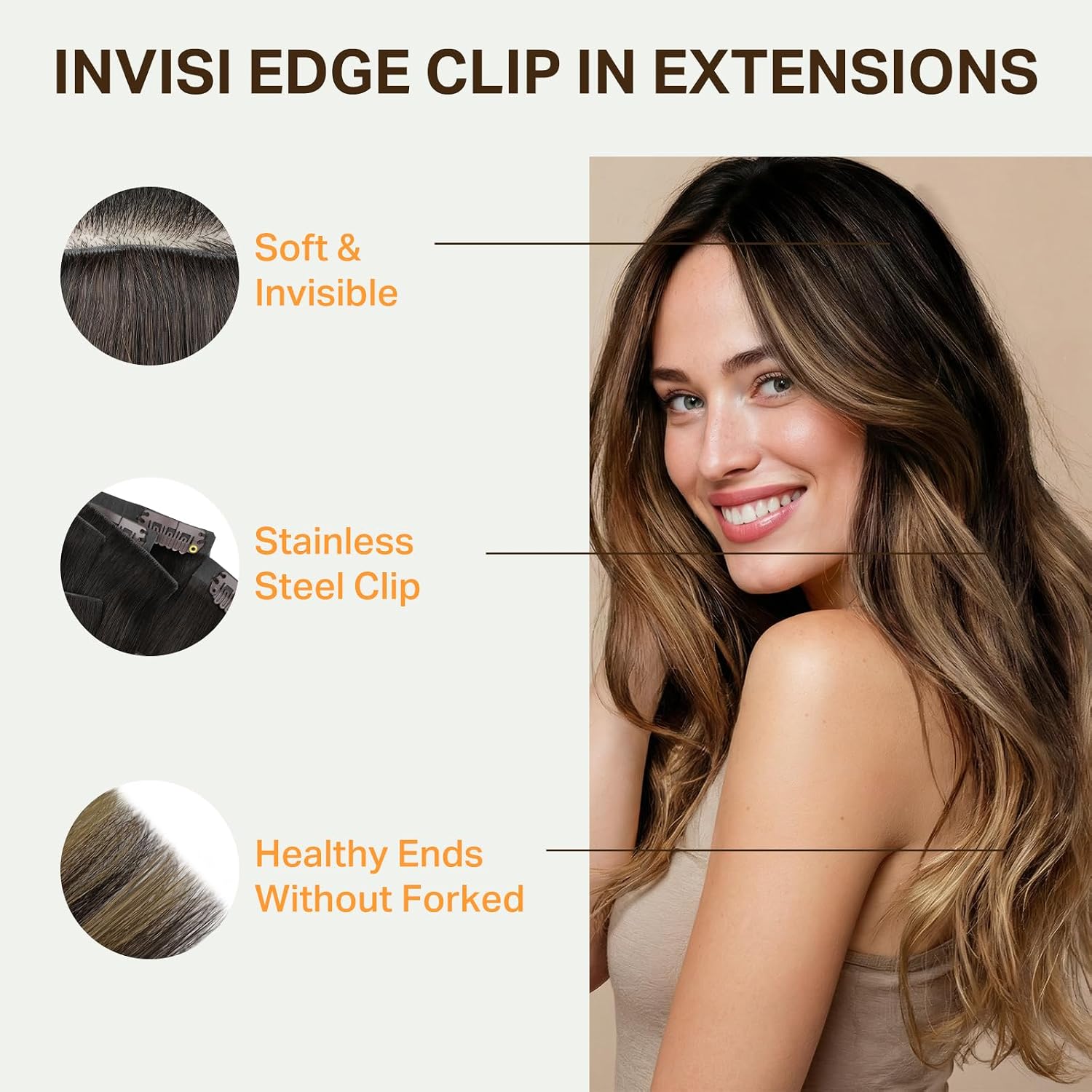 DOORES Hair Extensions Real Human Clip in 20 inch 150g 7pcs Invisi Edge, Seamless Clip in Hair Extensions Invisible Clipins Virgin Injected Skin Weft, 2/6/2 Dark Brown to Chestnut Brown
