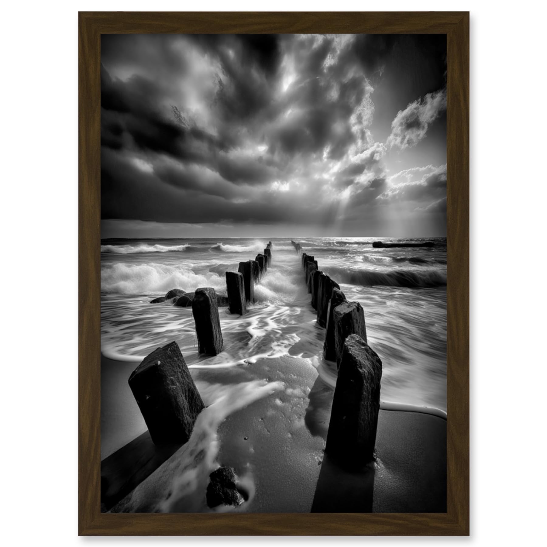 Artery8 Pier Ruins Black and White Dramatic Coastal Photo Artwork Framed Wall Art Print A4