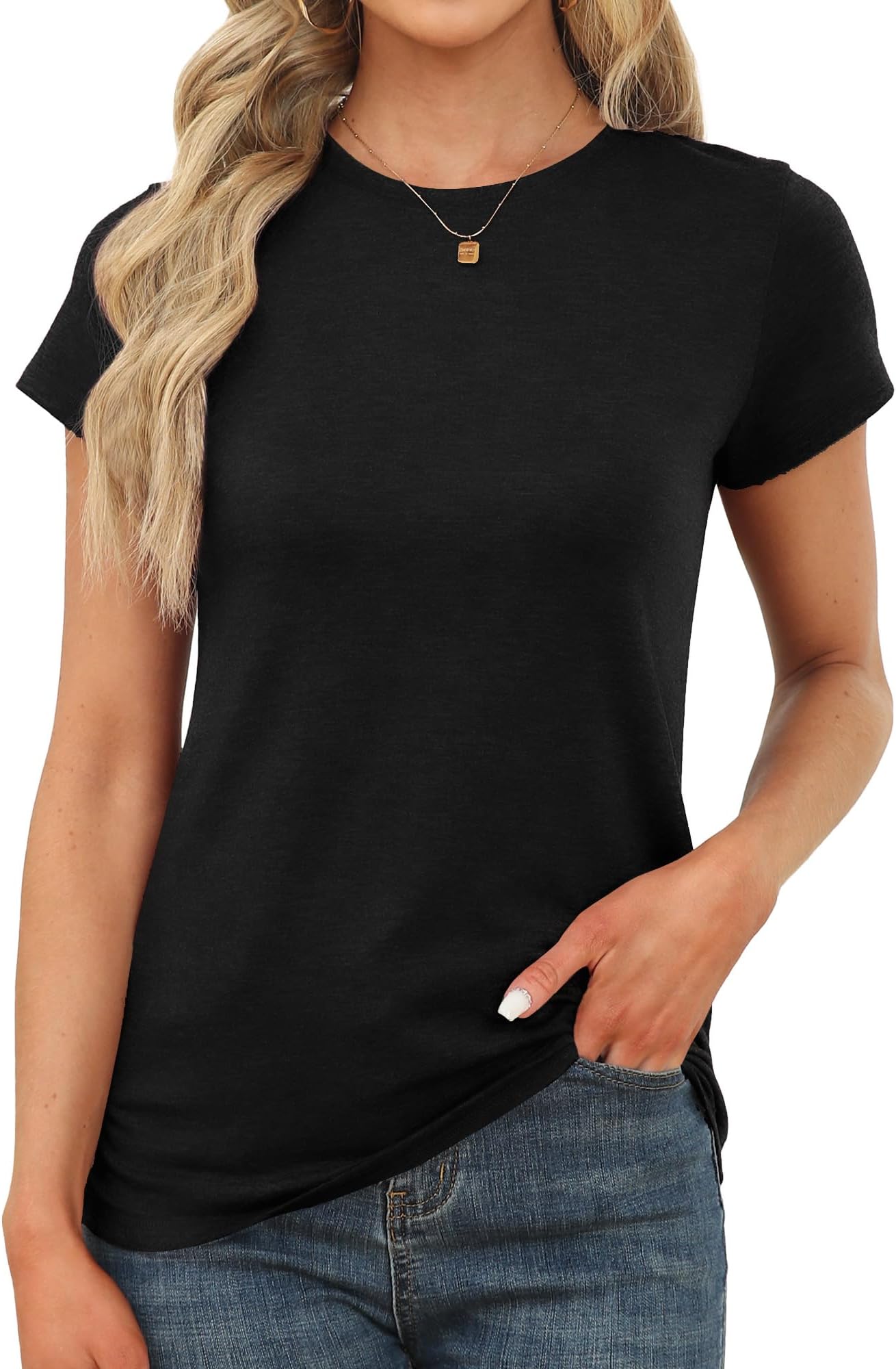 Womens Short Sleeve Tops Summer T Shirts Round Neck Causal Fashion Basic Tee