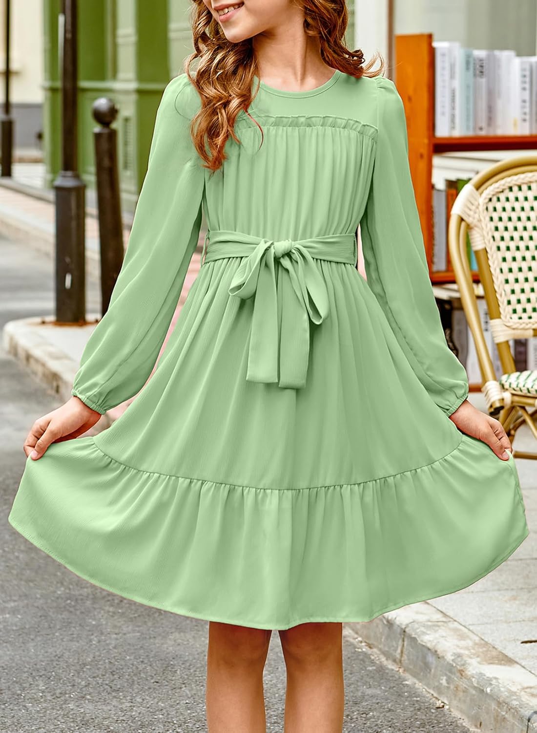 blibean Tween Girls Semi Formal Long Sleeve Dresses with Belt Size 6-15 Years - Image 4