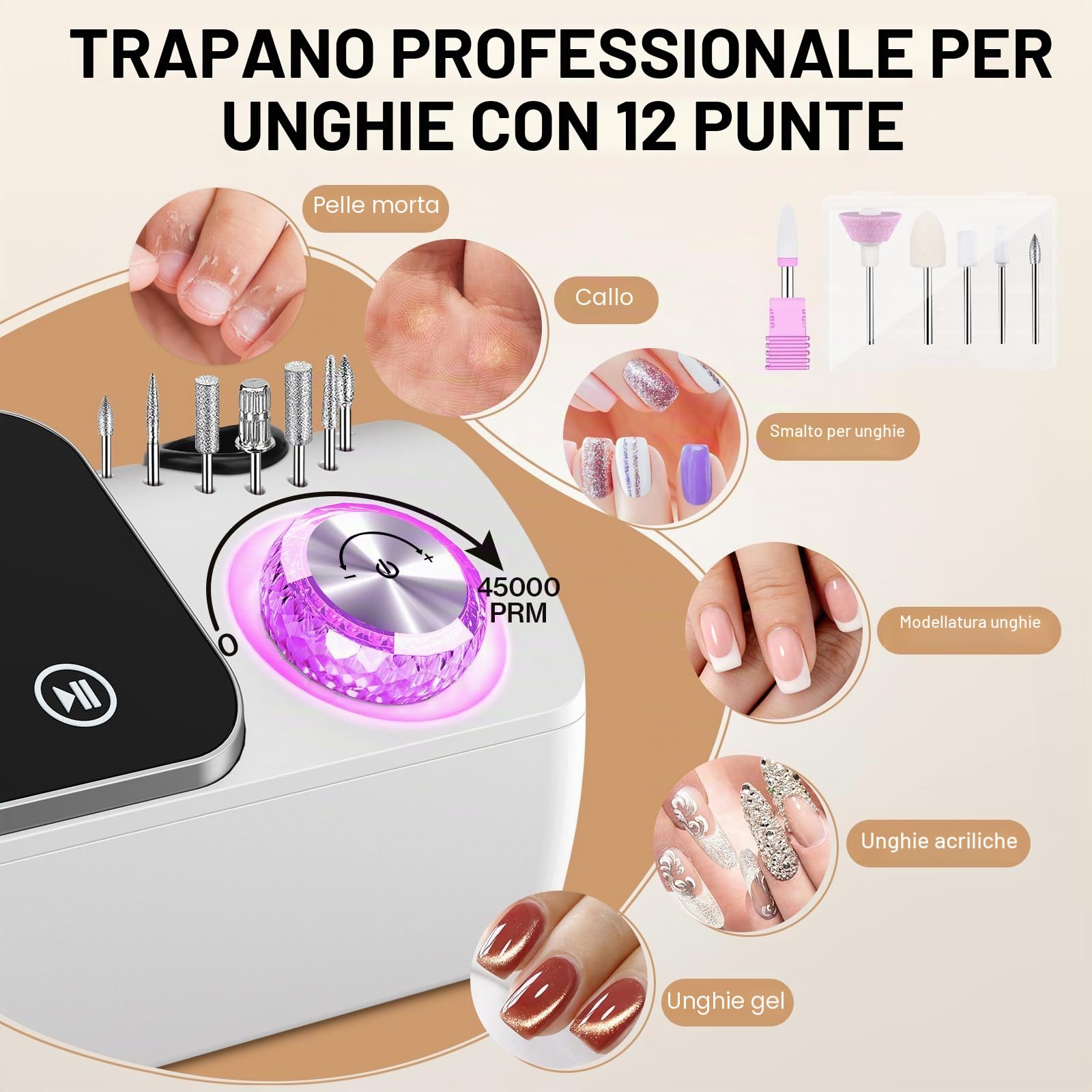 Fresa per Unghie Professionale 45000 giri,12 testine di levigatura,Display LCD touch control,Manopola in cristallo,Lima per unghie portatile per unghie in acrilico e gel (Bianco)