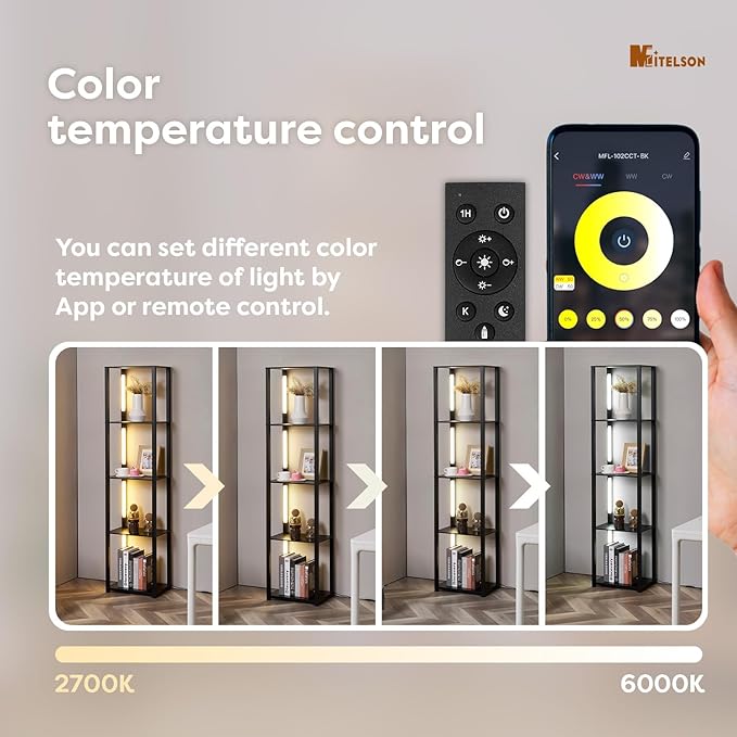 MITELSON LED Floor Lamp with Shelves, Shelf Lamp with Remote for Bedroom and Living Room, Corner Display Floor Lamps with Storage, Modern Dimmable Floor Lamp with 5-Tier Open Shelve (Black) photo 2