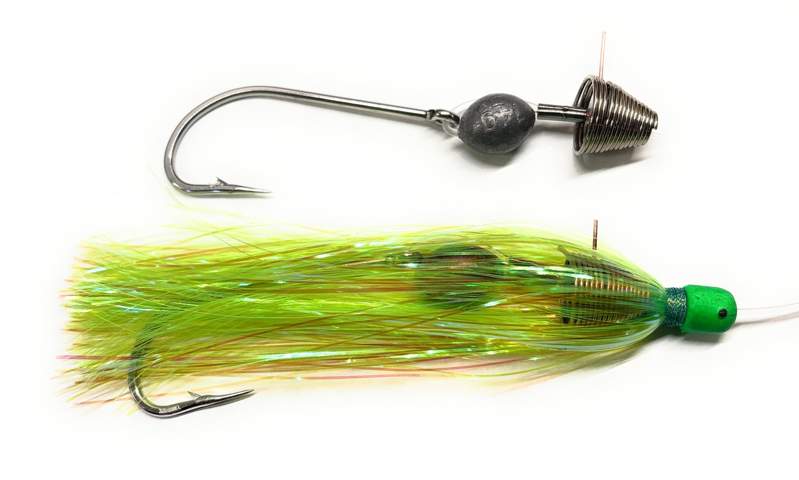 (1pc) Saltwater Fishing Ballyhoo Rig with Mylar Skirt. Dolphin Tuna Mahi Offshore Fishing Lure. 7/0 Hook, 130lb Mono, Chartreuse Squid Skirt. Ocean Trolling Ballyhoo Rig Big Game Fishing Lure
