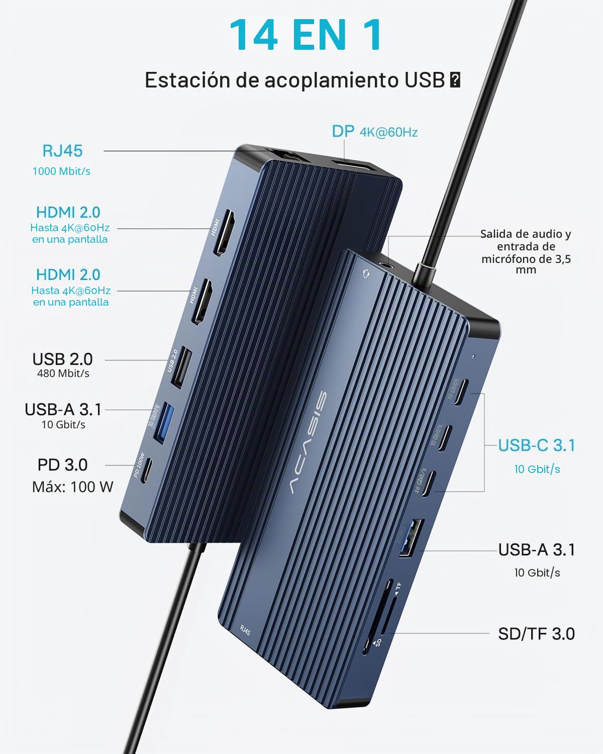 ACASIS 14-in-1 USB-C Docking Station, 4K@60Hz Triple Display, 100W PD | 2 HDMI & 1 DP, 10Gbps data speed, Gigabit Ethernet, SD/TF card reader, 3.5mm audio, plug & play, for USB-C laptops