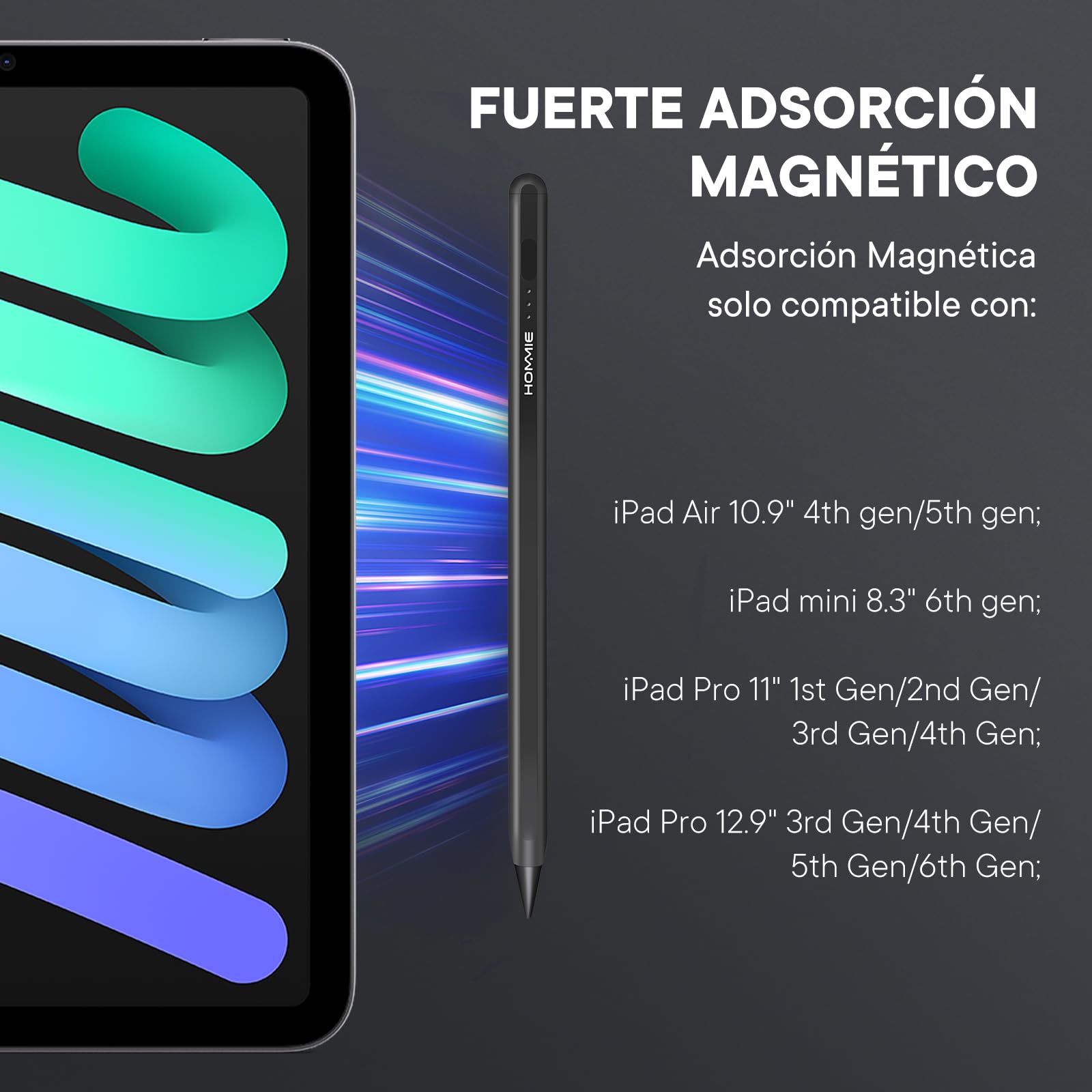 Hommie Pencil iPad Escritura Precisa | 5 Mins Carga Rápiado, Lapiz iPad con Rechazo Palma, Magnética y Sensible Inclinación, Lapiz para iPad 10/9/8/7/6, iPad Pro 11" y 12,9", Air 5/4/3, Mini 6/5,Negro