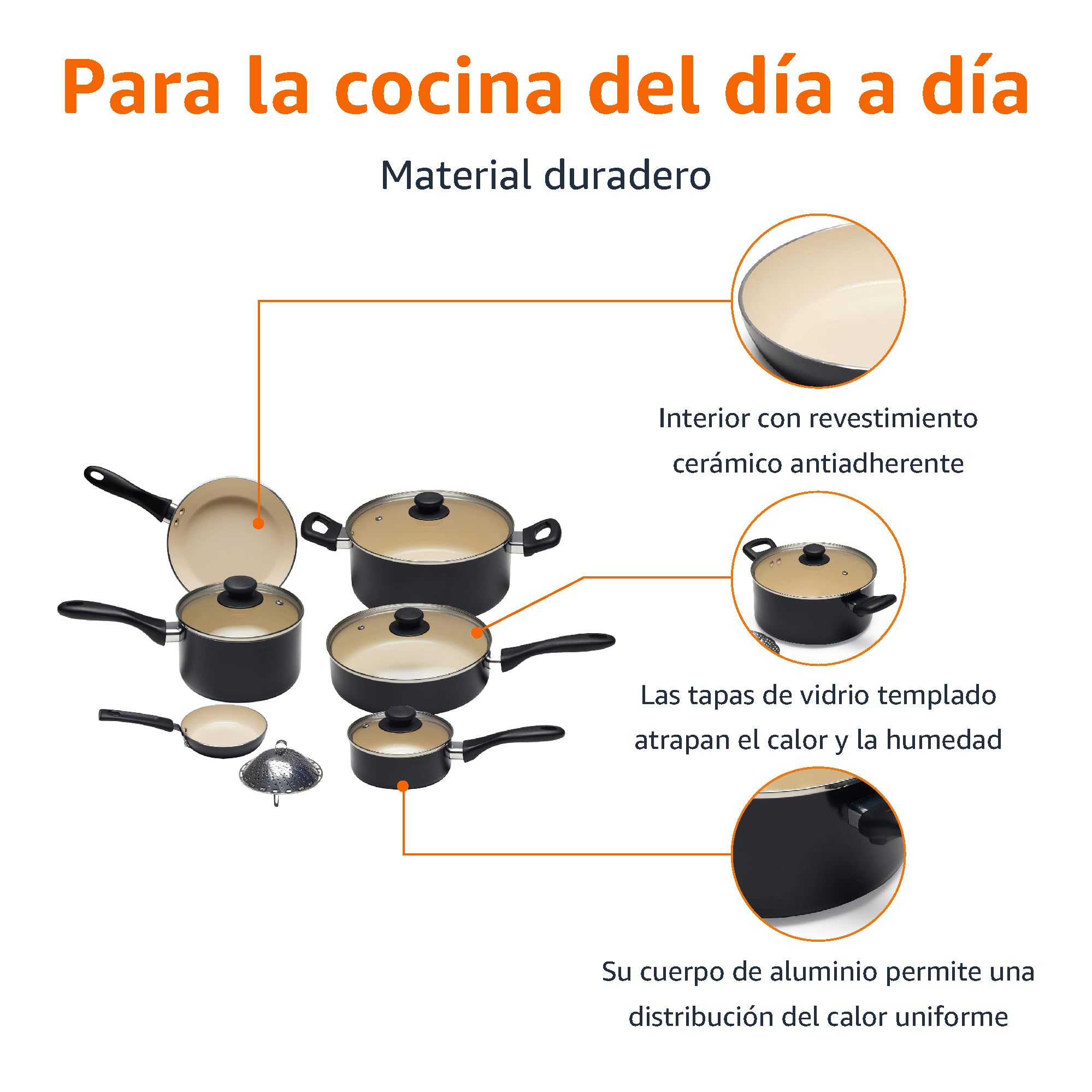 Amazon Basics Juego de ollas y sartenes, de cerámica, antiadherente, 11 Unidad, Negro/Crema