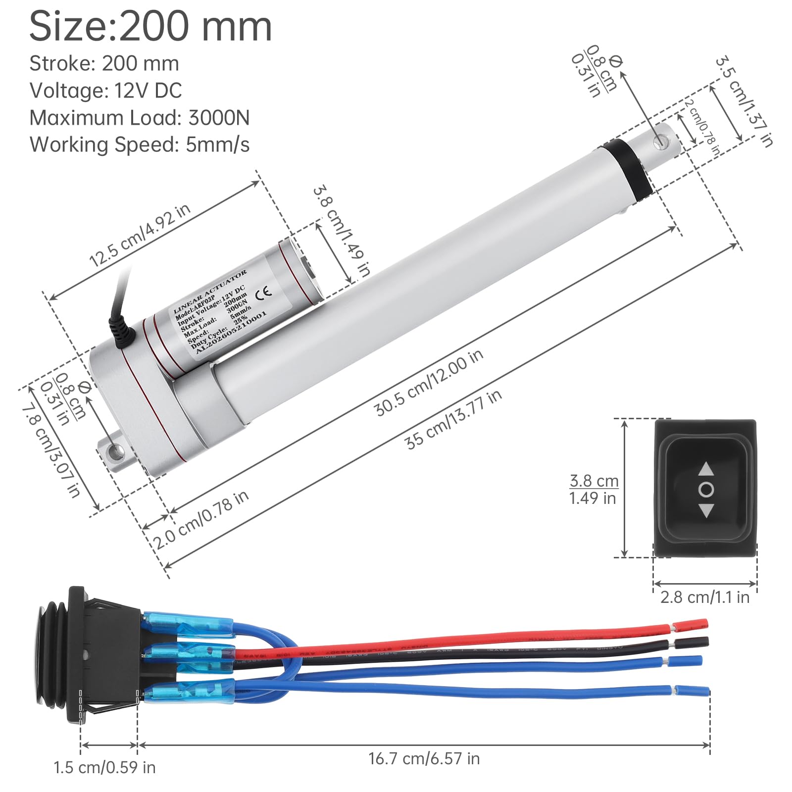 Actuador lineal de 12 V, 3000 N/660 libras, carrera de 200 mm con