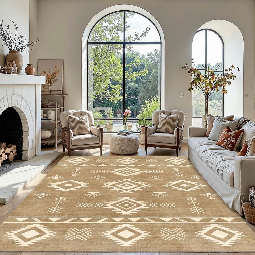 5x7 Area Rug Southwestern Tribal Geometric Rug with Non Slip Backing, Washable Low Pile Light Beige Sand Brown Carpet for Bedroom, Living Room, Dining Room, Home Office