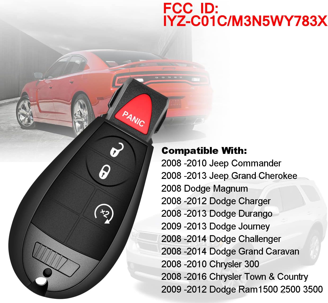Key Fob FOBIK Replacement for Dodge Ram 1500 2500 3500 Truck Pickup 2009-2012 Journey Challenger/Grand Caravan Jeep Grand Cherokee/Commander Keyless Entry Remote Start Control(M3N5WY783X) 2PCS