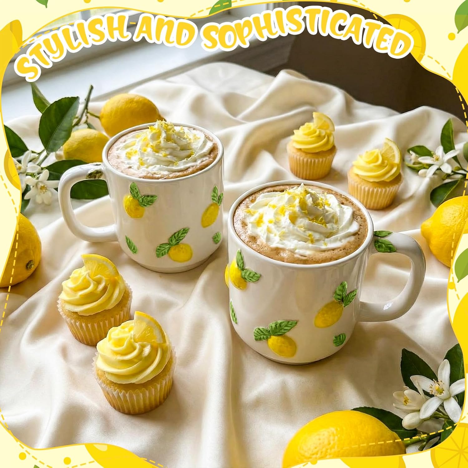 LemonRoad 2 Pcs Lemon Ceramic Coffee Mugs Handmade Pottery Coffee Cup 12 oz Stackable Cute Summer Mugs with Handle for Spring Summer Party Supplies Women Gifts