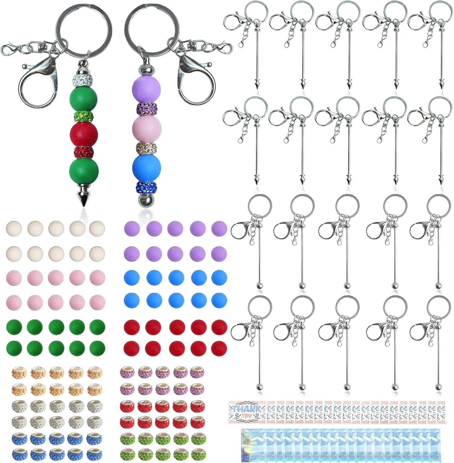 LEIOSAGN 180pcs Silver DIY Beadable Keychains Making Kit with 120pcs15mm Silicone Beads and Spacer Beads, 20 Blank Beadable Keychain Bars in 2 Shapes, 20 Thank You Cards, 20 Resealable Pouch Bag