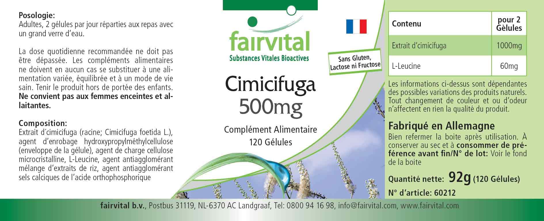 fairvital Capsule di cimicifuga 500mg, 120 capsule, 1000mg per dose giornaliera, Cimicifuga, qualità garantita e dosaggio elevato, 100% vegano, Prodotto in Germania