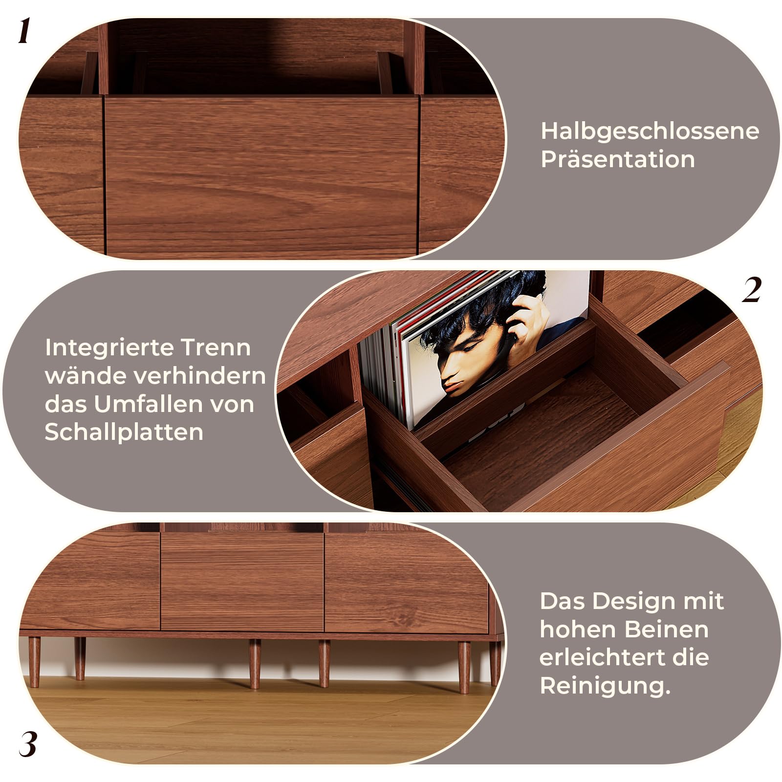 BROTTAR Großer Plattenspieler-Ständer 120 cm, Schallplattenaufbewahrung für 17/25/30 cm Platten, Mid-Century Medienschrank mit Schubladen, Schallplattenhalter für Wohnzimmer & Musikecke, Braun
